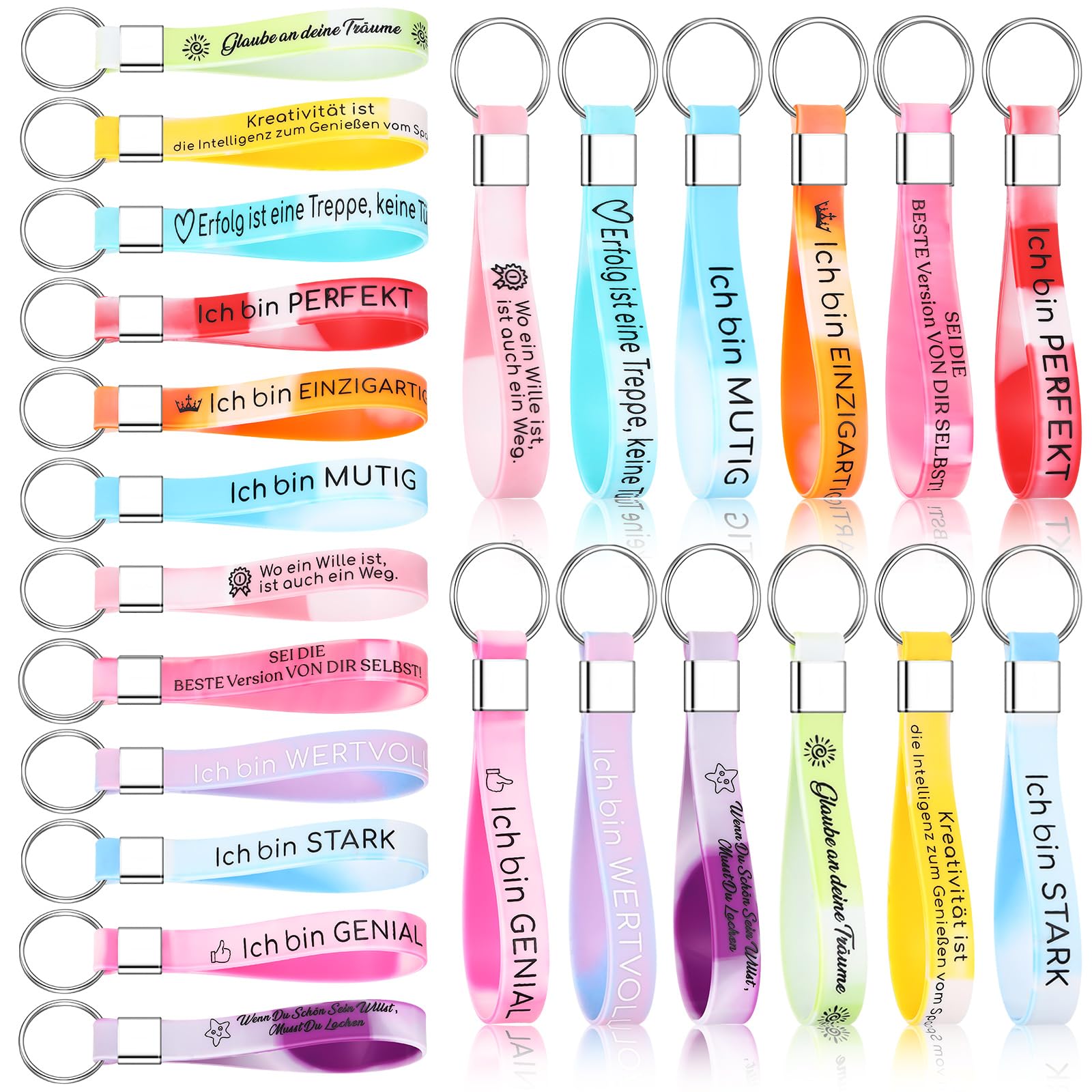 Otuuz Pack of 24 Inspirational Key Rings in German Silicone Key Rings with Inspirational Sayings Encouragement Thank You Gift for Employees Colleagues Teenagers Teachers (Warm Colour), Warm colours,