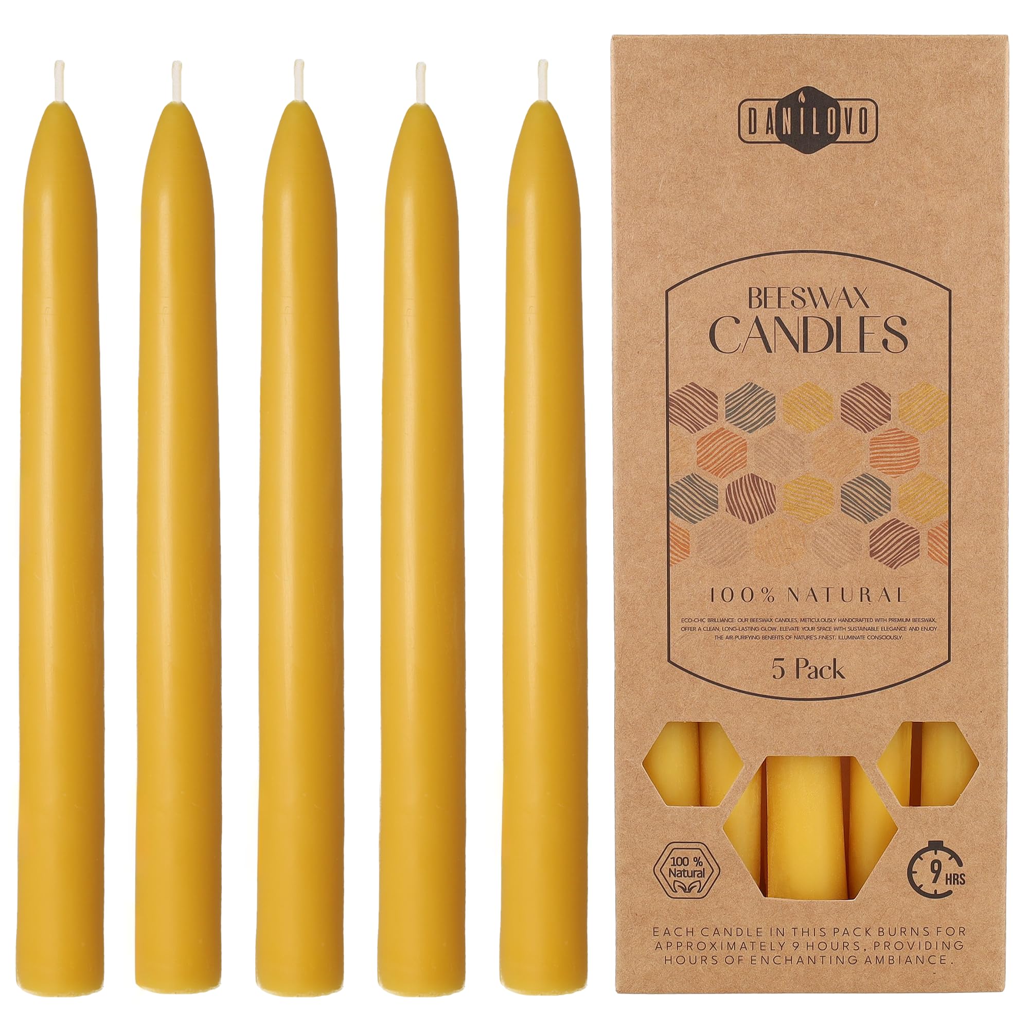 Danilovo Yellow 5 Pcs Natural Beeswax Taper Candles - Sustainable, Long-Burning Beeswax Tapered Candles For Every Occasion & Candlestick - Honey-Scented, Pure Beeswax Candles For Cozy Home