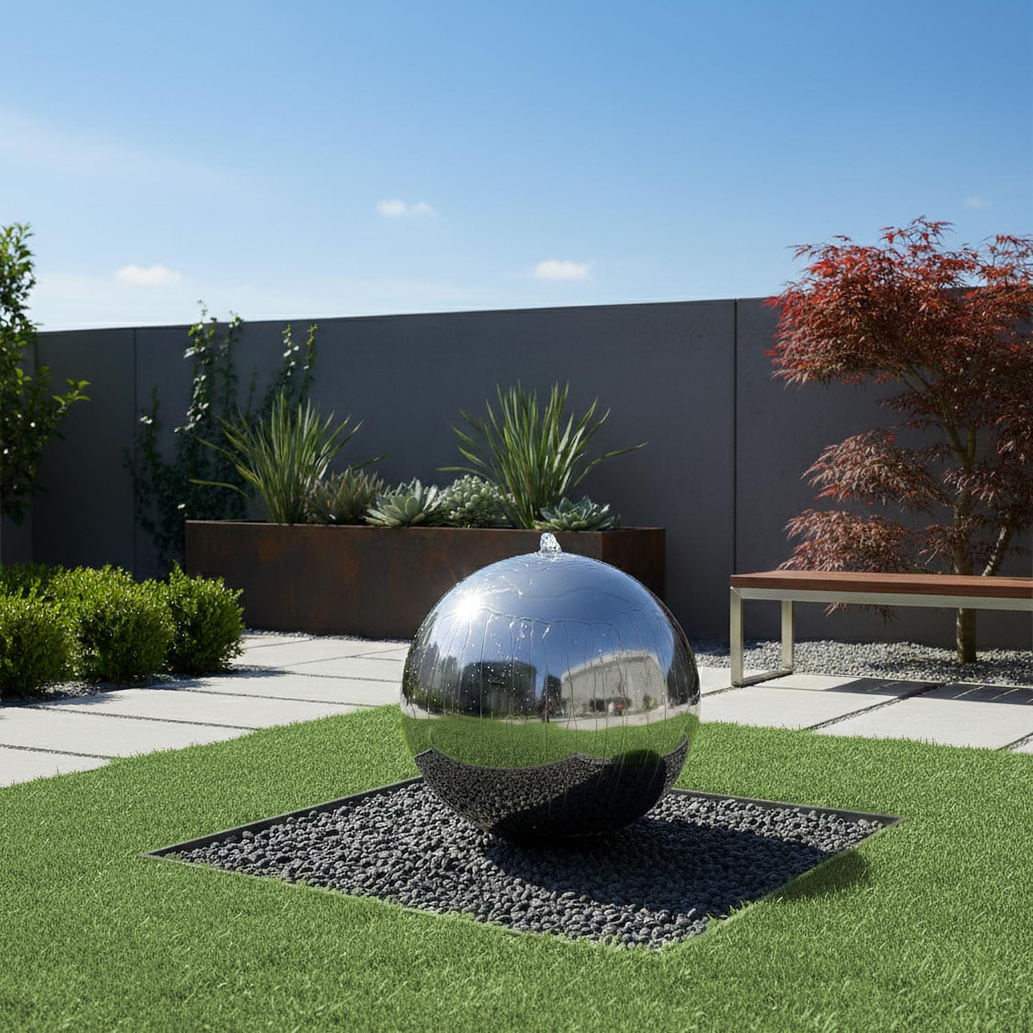 CLGarden Solar Gartenbrunnen für außen 48 cm Edelstahl Kugel poliert, Solarpumpe mit Akku & LED Beleuchtung, Springbrunnen
