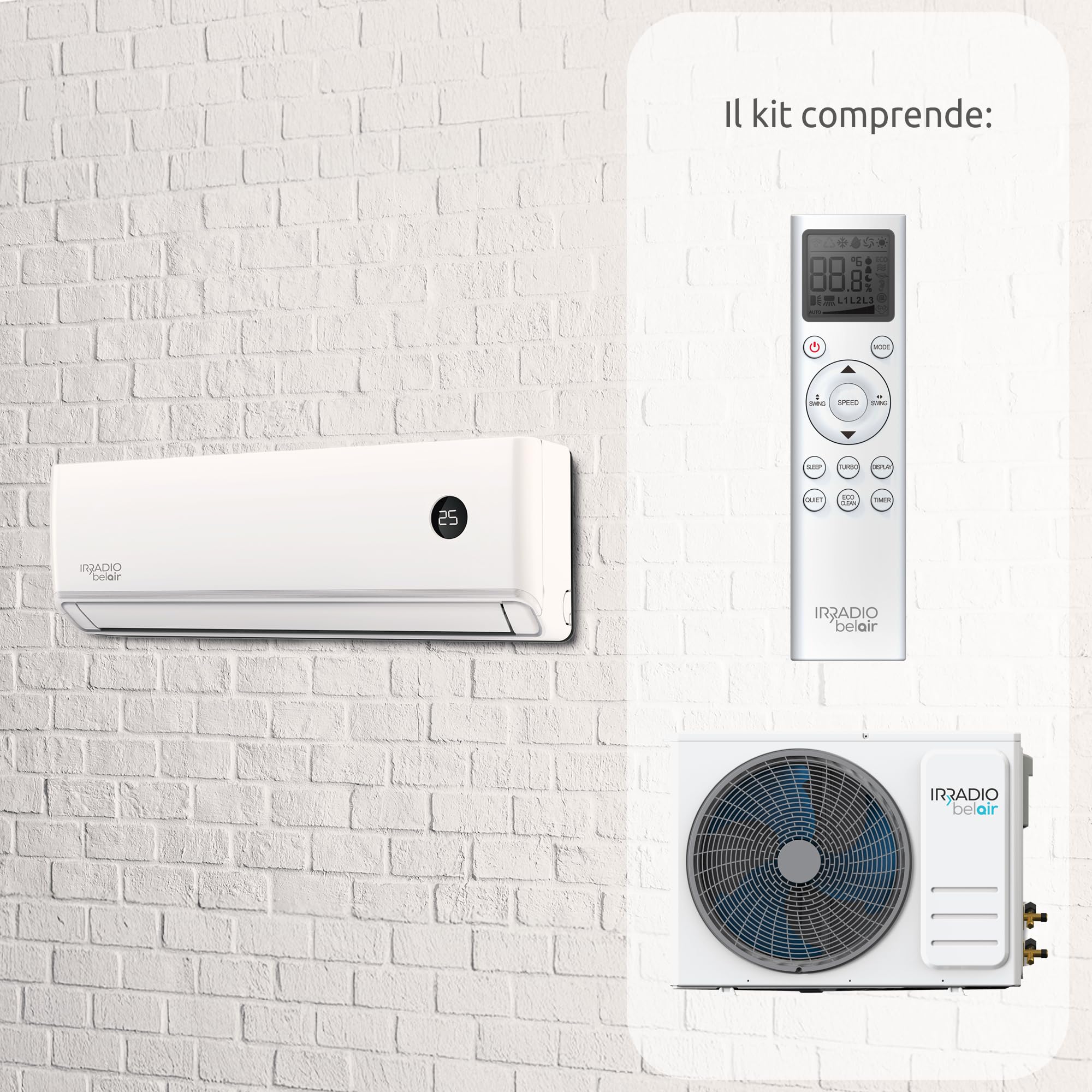 ALASTOR 12, 12000 btu, Kit Condizionatore Inverter con Pompa di Calore, Gas R32, Classe A++/A+, Telecomando, Filtri Lavabili, Display LCD, Funzioni Avanzate, Timer Programmabile