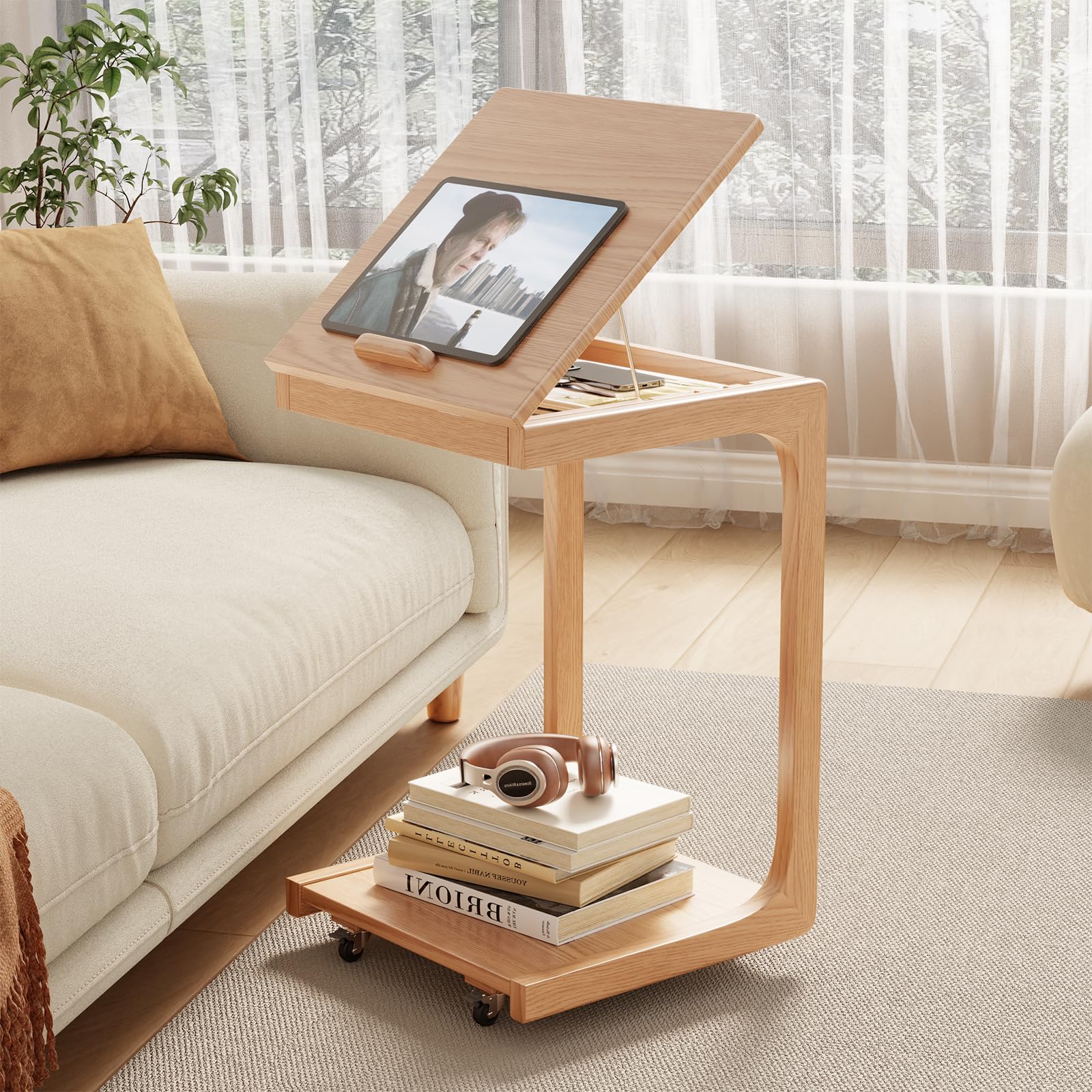 KASLANDI C Shaped Table for Couch, C Table with Wheels,Wooden Couch Table Adjustable Desktop for Living Room,Bedroom - Natural Color