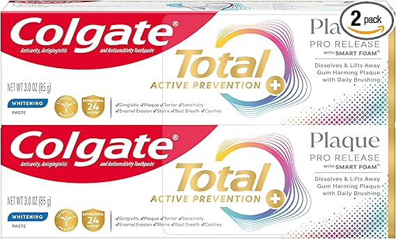 Colgate Total Plaque Pro Release Whitening Toothpaste Pack, Whitening Fluoride Toothpaste, Fights Plaque, Bad Breath, Tartar Buildup, and Helps Protect Teeth from Sensitivity, 2 Pack, 3.0 oz