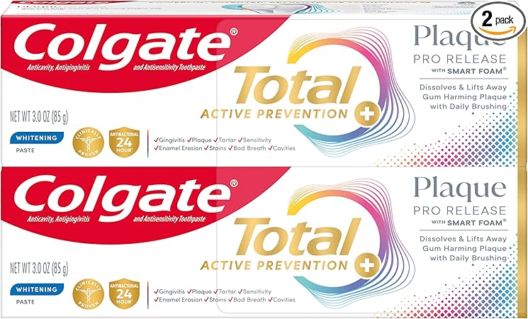 Colgate Total Plaque Pro Release Whitening Toothpaste Pack, Whitening Fluoride Toothpaste, Fights Plaque, Bad Breath, Tartar Buildup, and Helps Protect Teeth from Sensitivity, 2 Pack, 3.0 oz