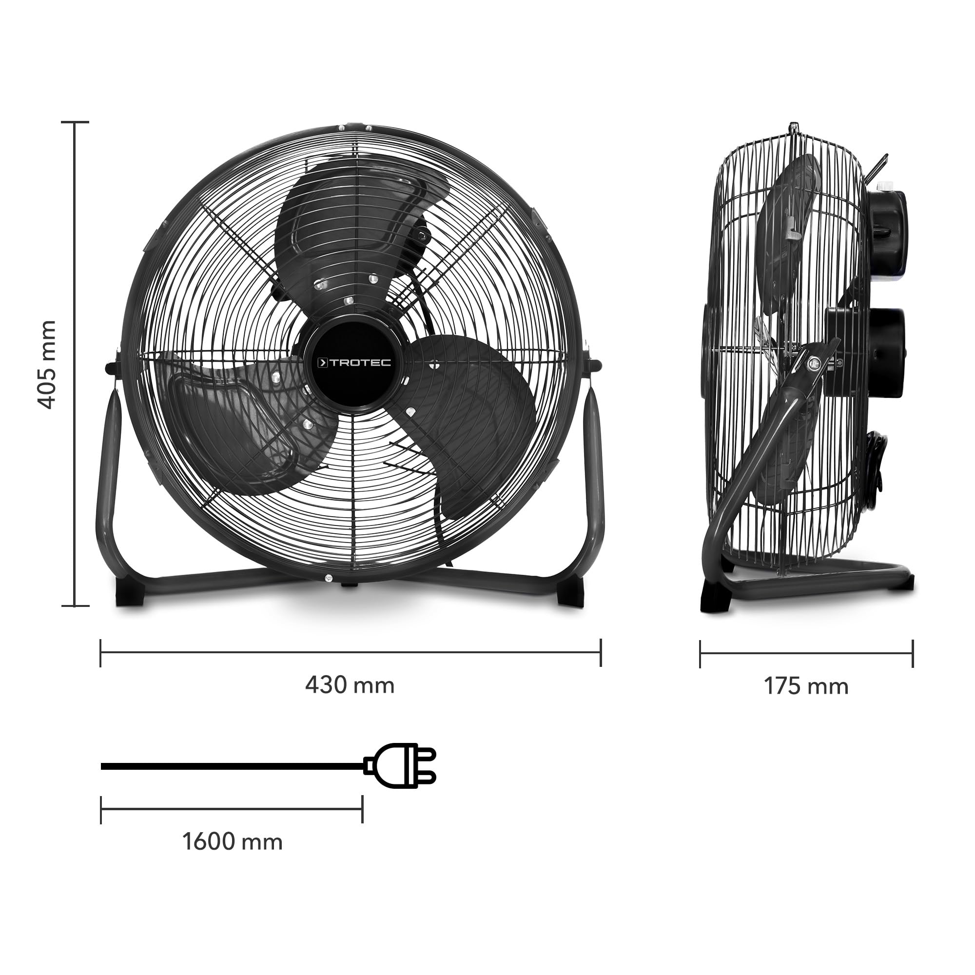 TROTEC Ventilateur au sol TVM 15 – 115 W, Ø 43 cm, 3 vitesses, inclinaison 120°, poignée & rangement câble