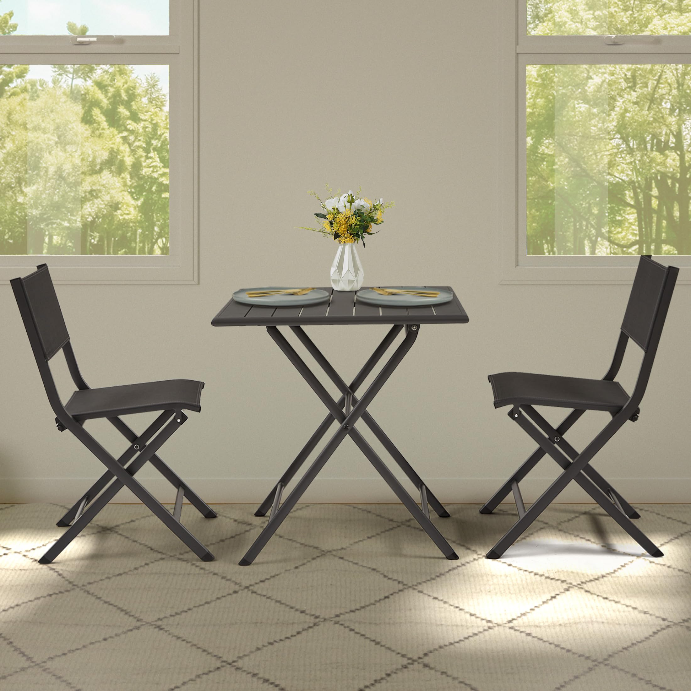3 Pieces Patio Bistro Set, Folding Aluminum Table and 2 Chairs, No Assembly Required, Weather-Resistant Outdoor Conversation Sets for Patio, Backyard