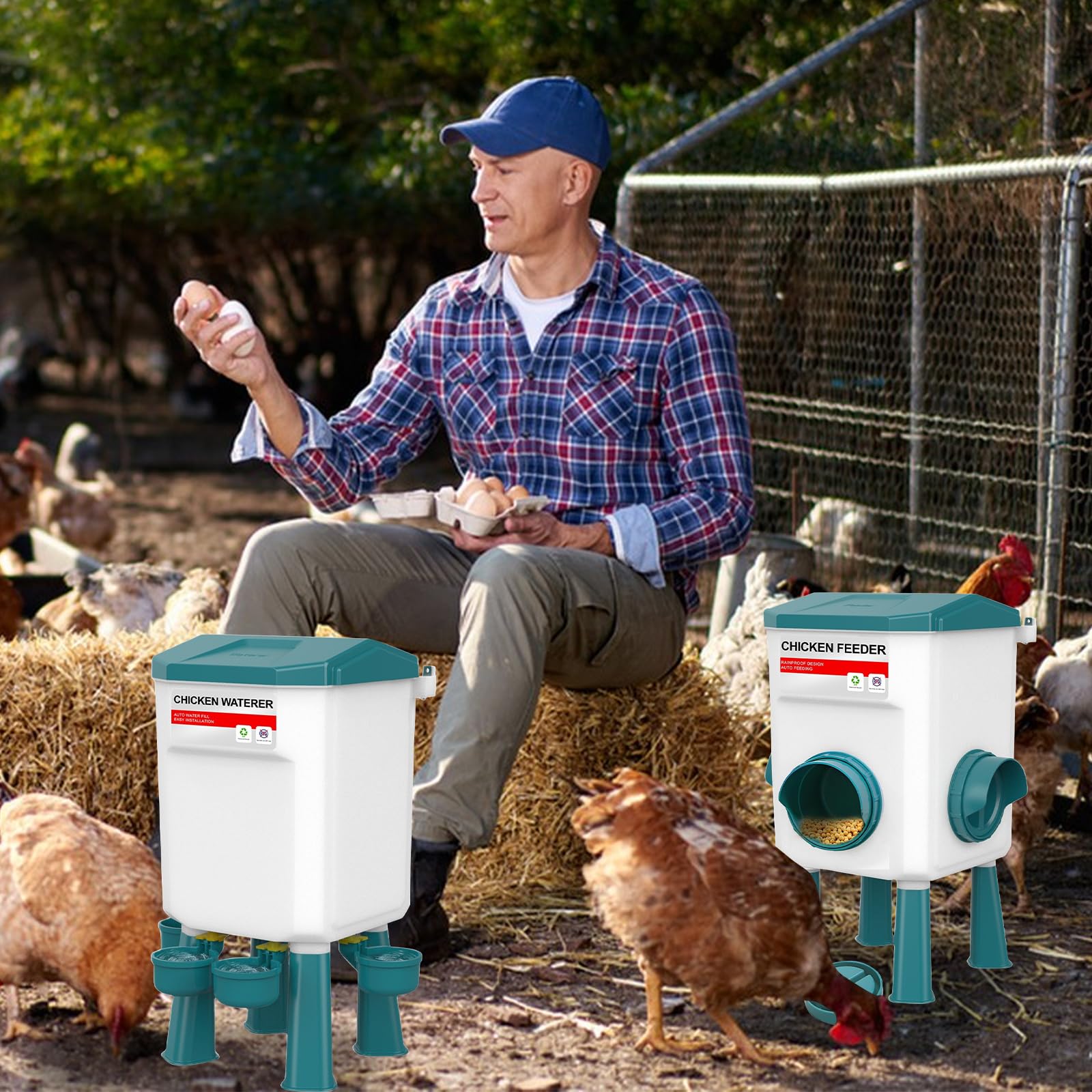 Set de comedero automático para pollos y bebedero para aves, dispensador de alimento para pollos de 8 kg y bebedero para pollos de 7 L, alimentación para aves al aire libre con patas desmontables