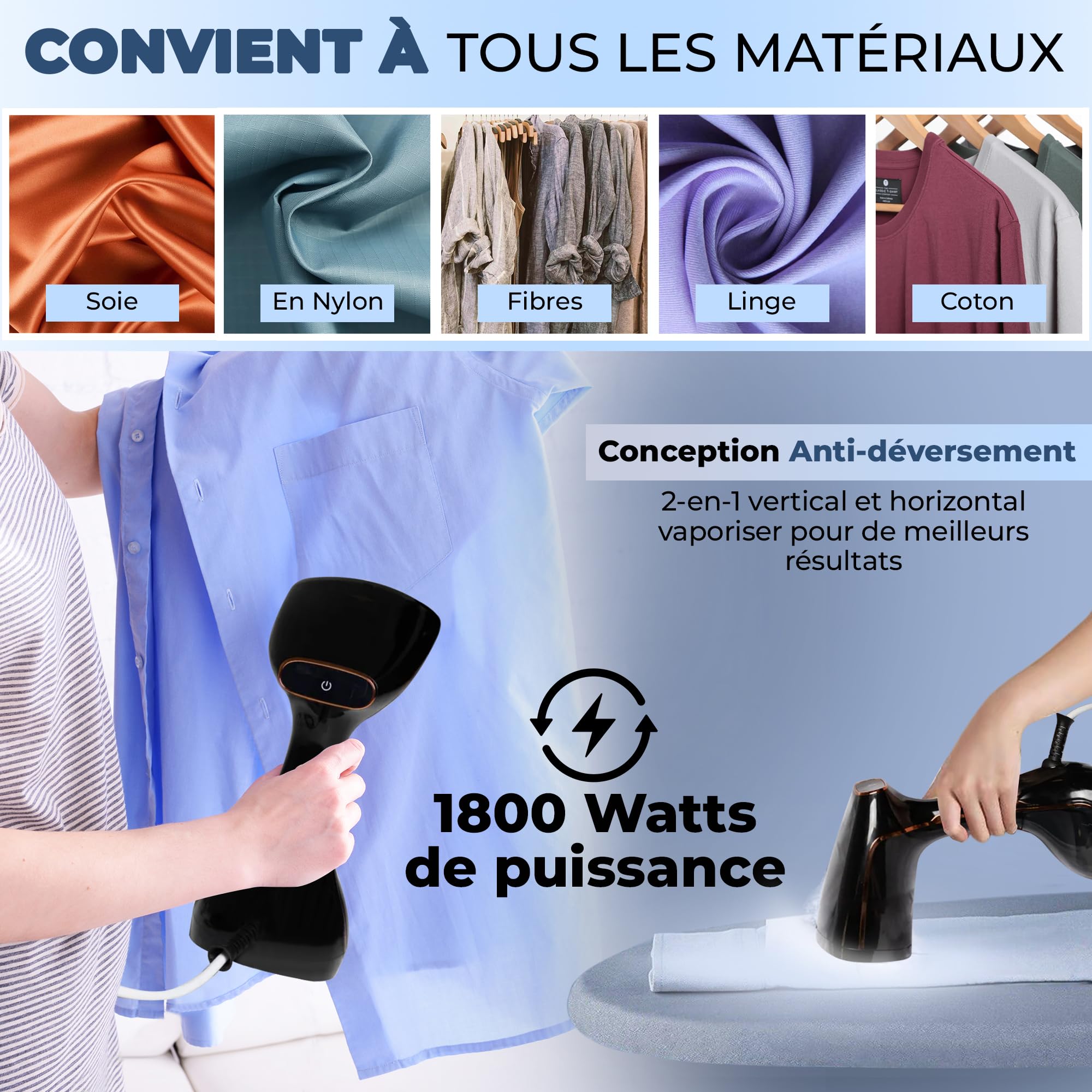 Défroisseur à Main 1800W – Défroisseur Vêtement Vapeur Vertical, Fer a Repasser Portable 2-en-1, Écran LCD, Réservoir 320 ml, Anti-Fuite, Maison, Bureau, Voyage ou cadeau.