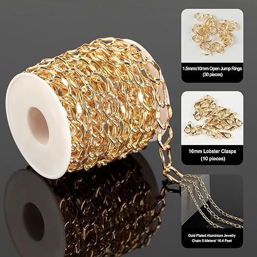 Miniatura 2 de YOUBEIYEE Cadena chapada en oro de 16.4 pies para hacer joyas, collar de cadena de aluminio para mujeres y hombres, pulsera de bricolaje para