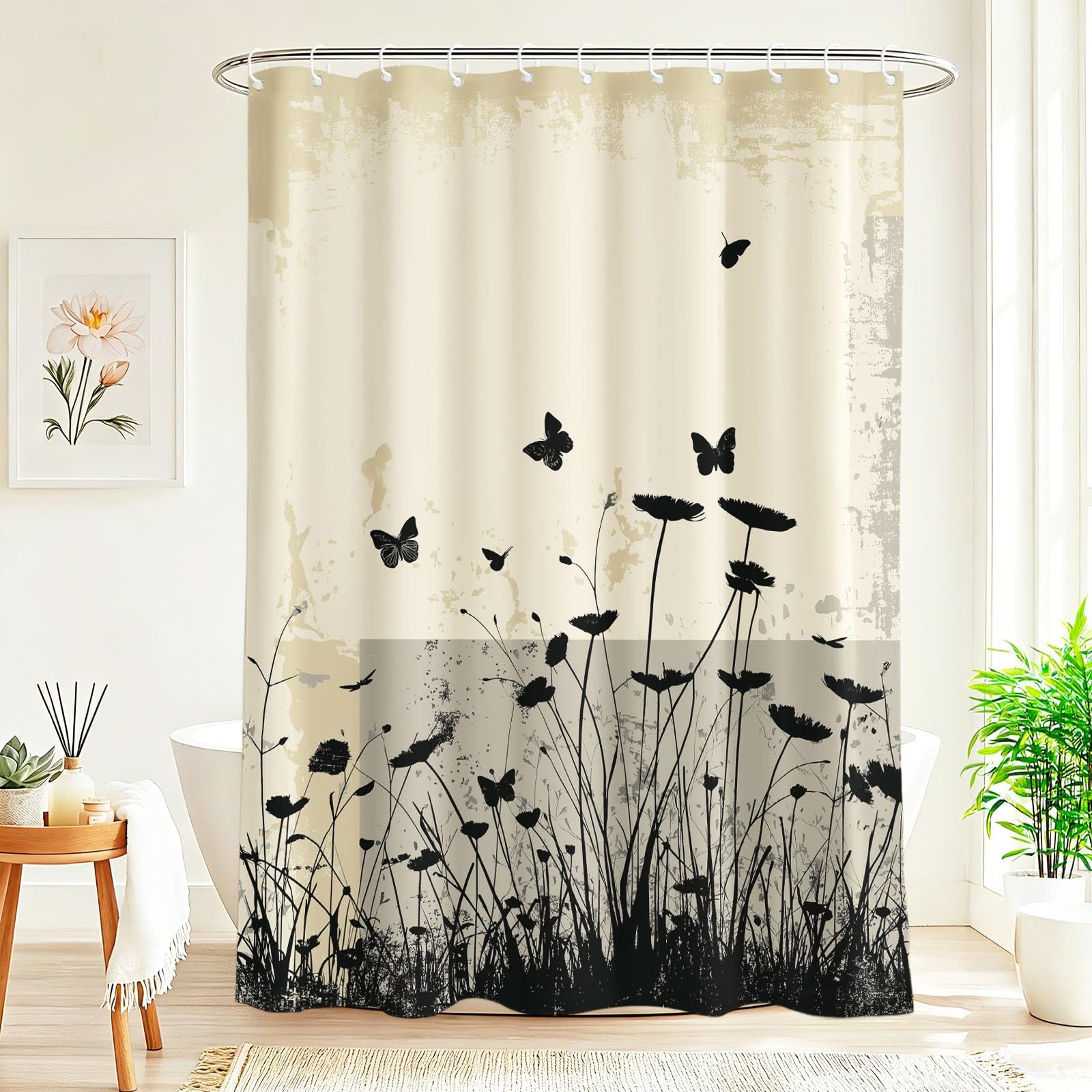 Rideau de Douche Moderne Abstrait en Polyester imperméable et Lavable avec Crochets, 240 x 200 cm, Rideau de Salle de Bain Géométrie Floral Silhouette Composition divisée Nature pour Salle de Bain