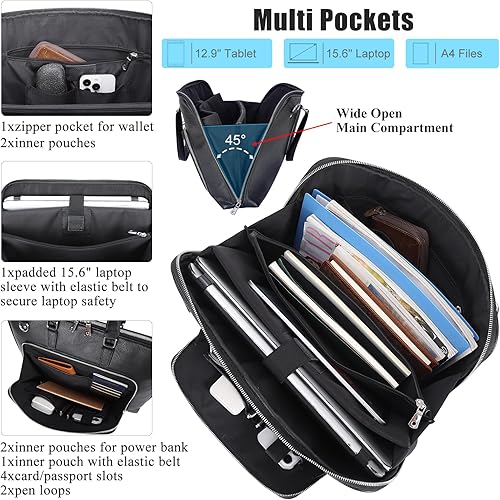 Miniatura 5 de Masa Kawa Maletín delgado de cuero negro para hombres y mujeres, se adapta a portátiles de 15.6 a 16 pulgadas, bolsa cruzada profesional de