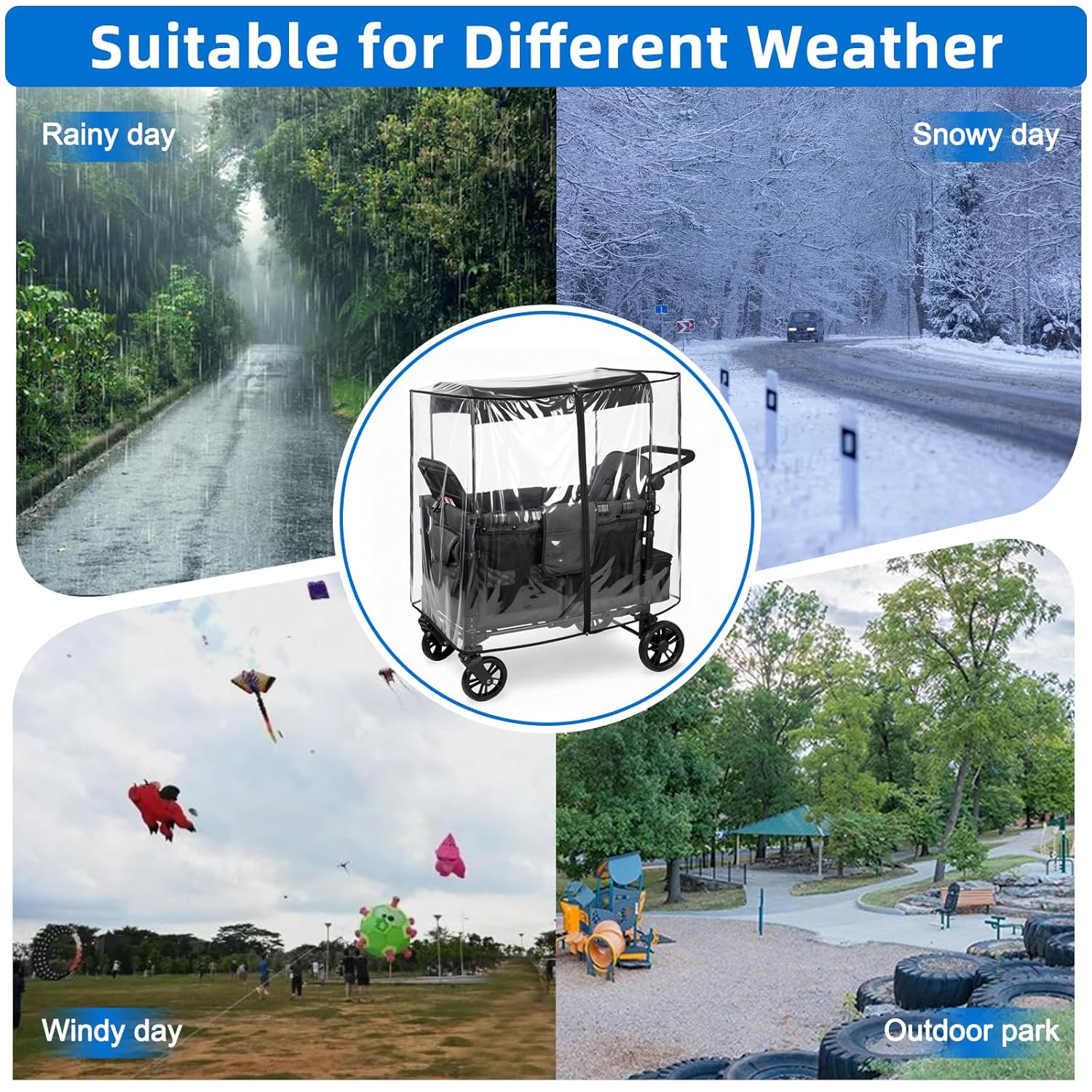 Rain Cover for WonderFold W4 Wagon Original,Elite, Luxe – Waterproof & Windproof Stroller Accessories – Full Coverage Clear Shield with Side Zipper