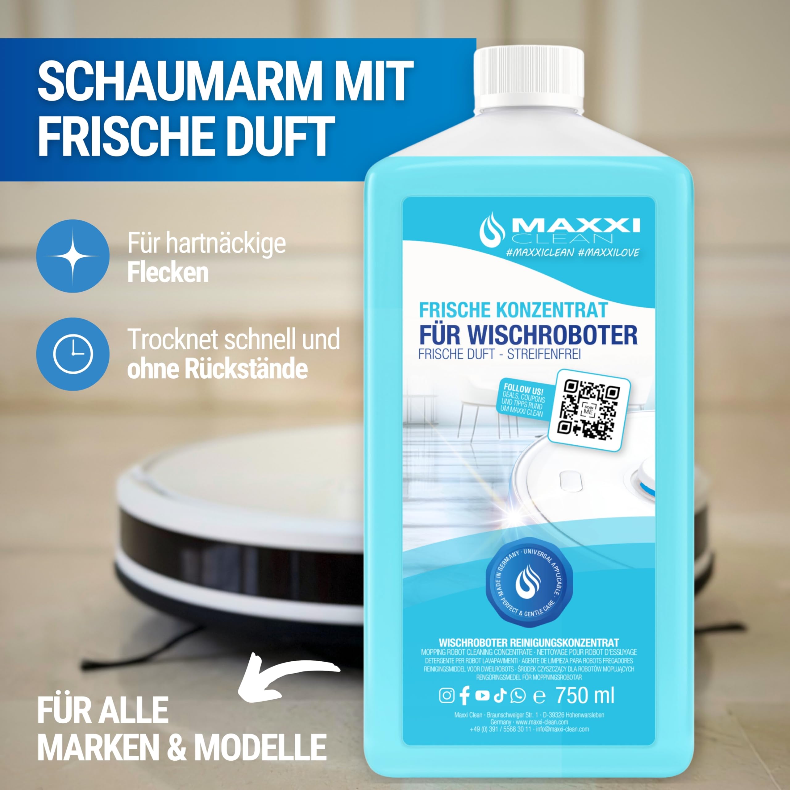 Maxxi Clean | 12x 750 ml Bodenreiniger mit Frische-Duft | geeignet für alle Wischroboter | Universal Reiniger Konzentrat | Wischflüssigkeit für Boden, Parkett, Fliesen | Saugwischer-Reinigungsmittel