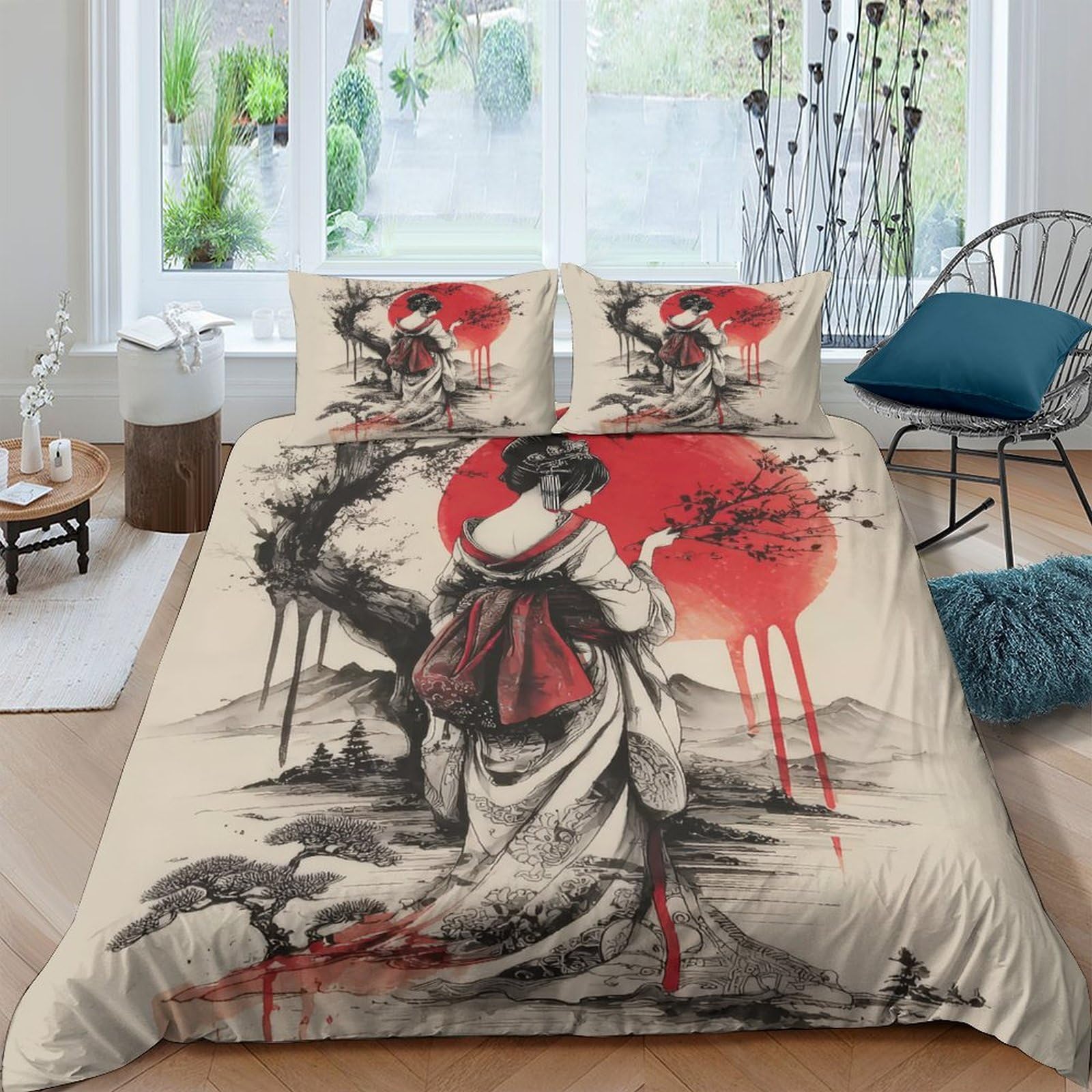 Ctjqhvkz Style-5 3D Printed Japanese Geisha Fitted Sheet Microfiber Soft Red Sun Art Mattress Cover For Bedroom Guest Room Decor Single（135X200cm）