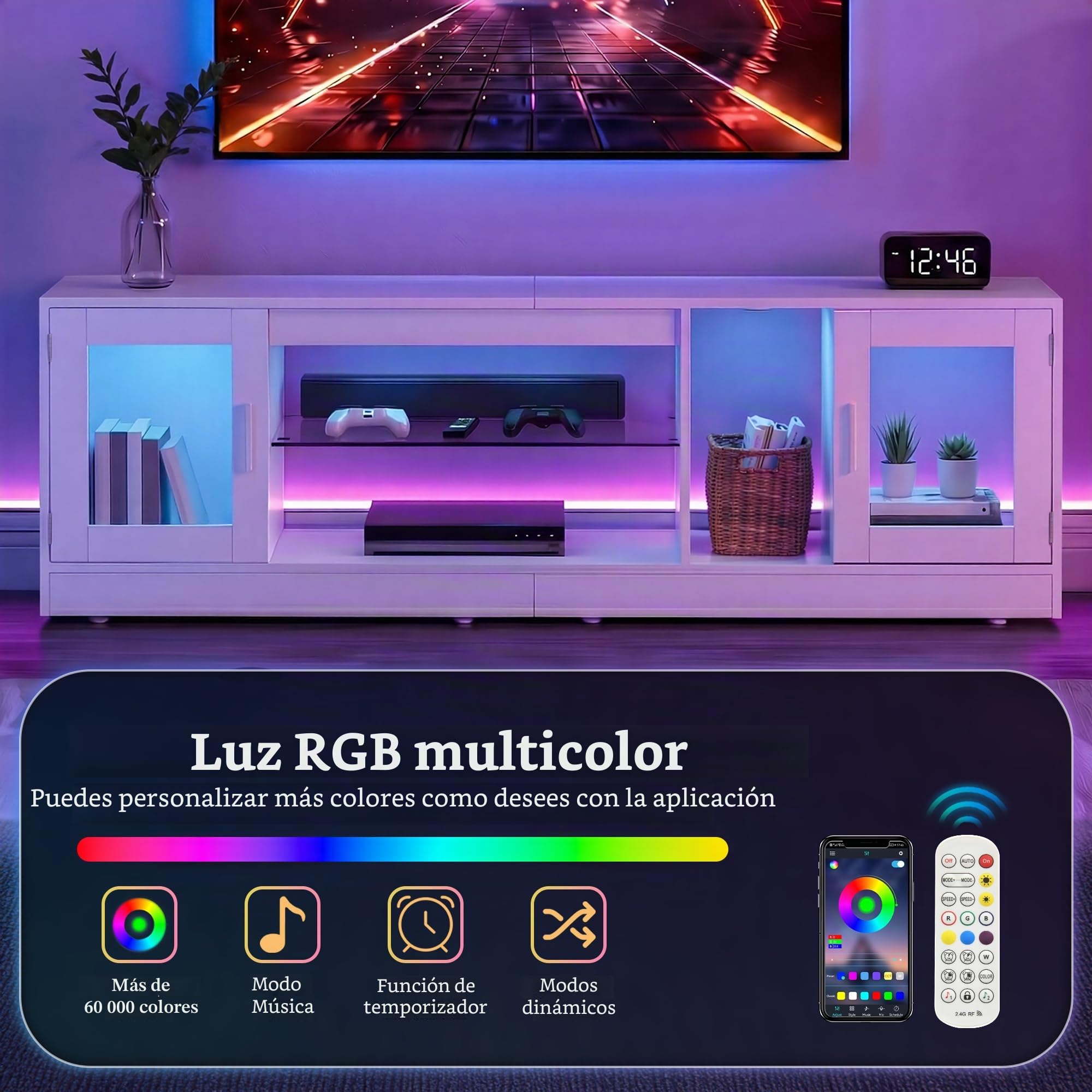 YITAHOME Mueble de TV de 180 cm con 7 LED RGB, mueble bajo para TV con 2 armarios cerrados, 3 estantes abiertos y estante de cristal ajustable, moderno centro de entretenimiento para salón, 180 x 32 x