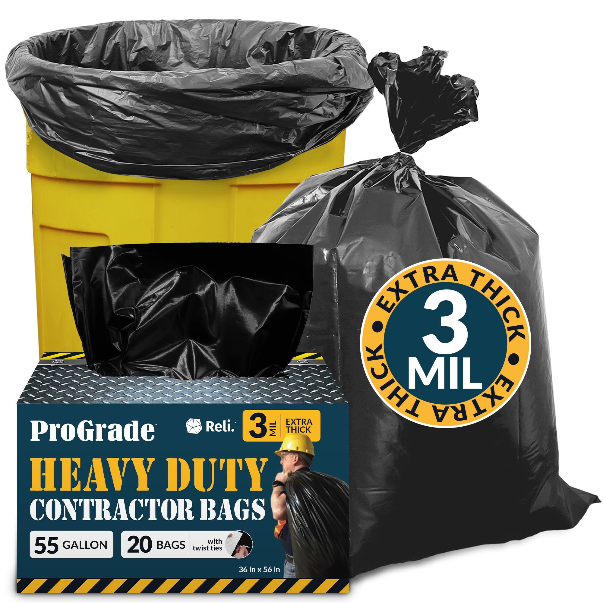 Reli. Contractor Garbage Bags 55 Gallon | 20 Trash Bags | Heavy Duty | Black Contractor