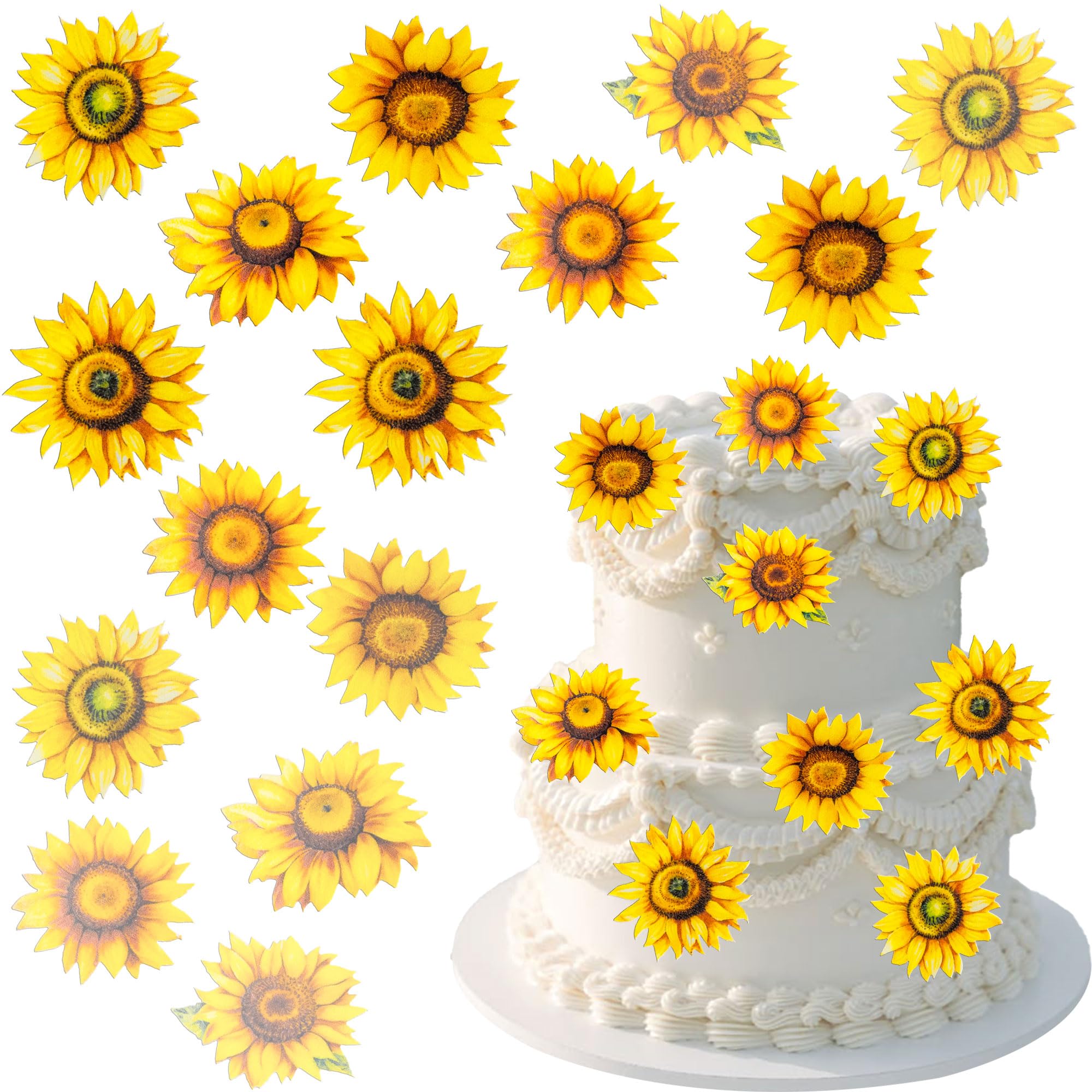 Gyufise 54Pcs Edible Sunflower Cupcake Toppers Flowers Cake Decorations Wafer Paper Sunflower Party Decorations for Baby Shower Sunflower Birthday Party Food Decorations Supplies Yellow