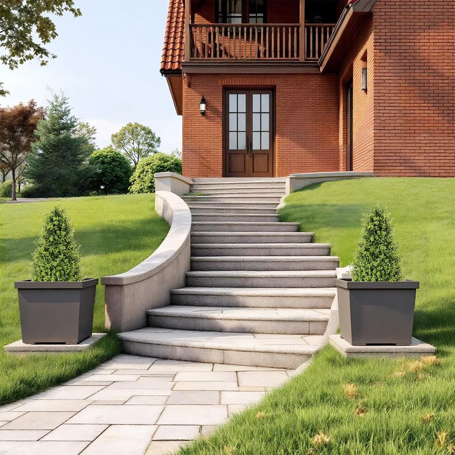 30" Tall Artificial Boxwood Topiary Trees, Set of 2 – UV Resistant Faux Evergreen Shrubs and Bushes for Outdoor Planters, Realistic Fake Plants for Front Porch Outside Patio Garden - Image 2