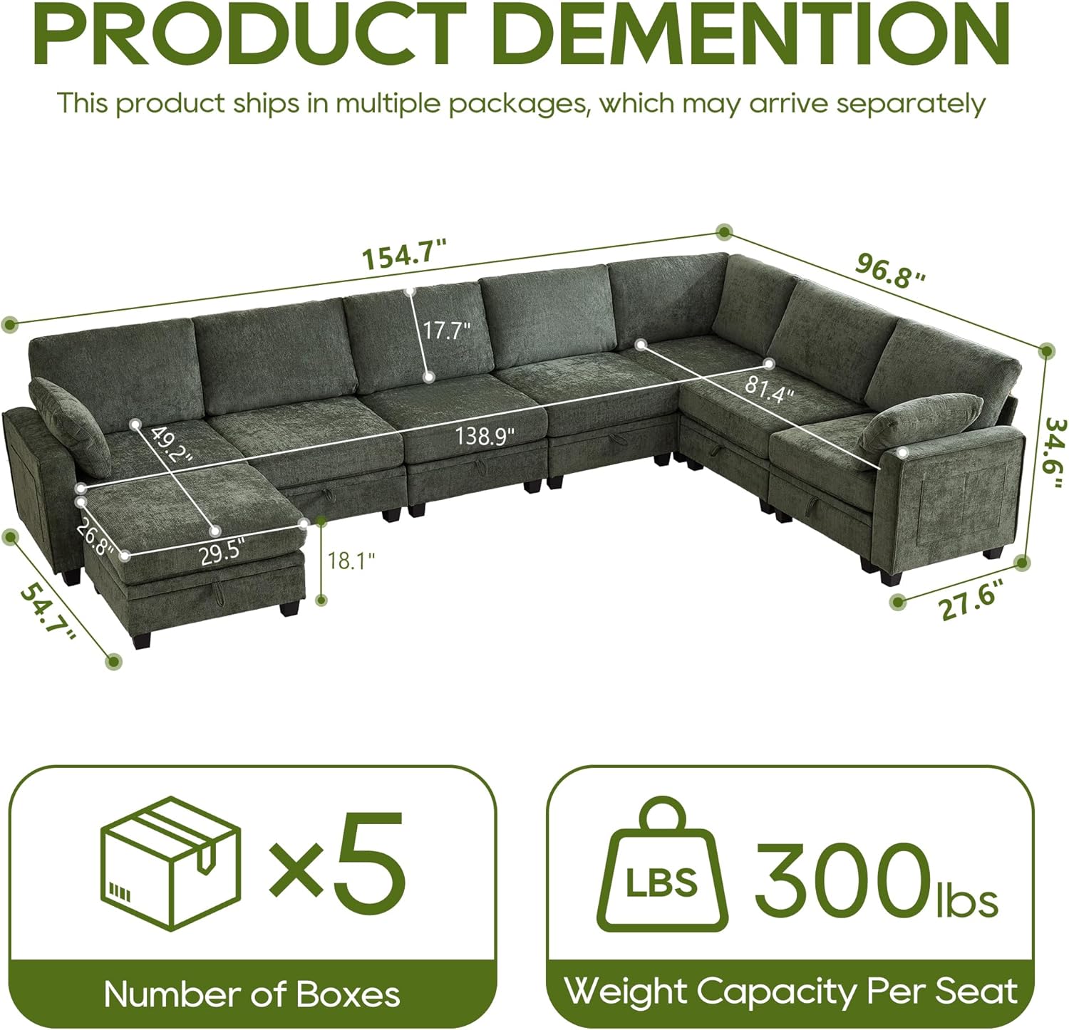 IPKIG 154.7" Sectional Couches with Storage, Modular Sectional Sofa with 6 Seats and 1 Ottoman Storage, Chenille Cloud Couch Sofa, Removable Cover Sofa for Living Room Green, L Shape | Storage Sofa, Breathable Chenille, Modular Sectional, High Resiliency Foam, Pocket Springs