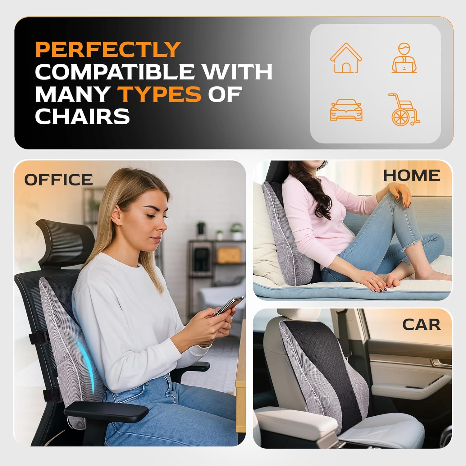 Extra Dense Lumbar Pillow with Double Adjustable Straps - Ergonomic Lumbar Support Pillow for Office Chair, Car, Couch Firm Back Support for Lower Back & Spine Pain Relief Memory Foam Cushion - Image 8