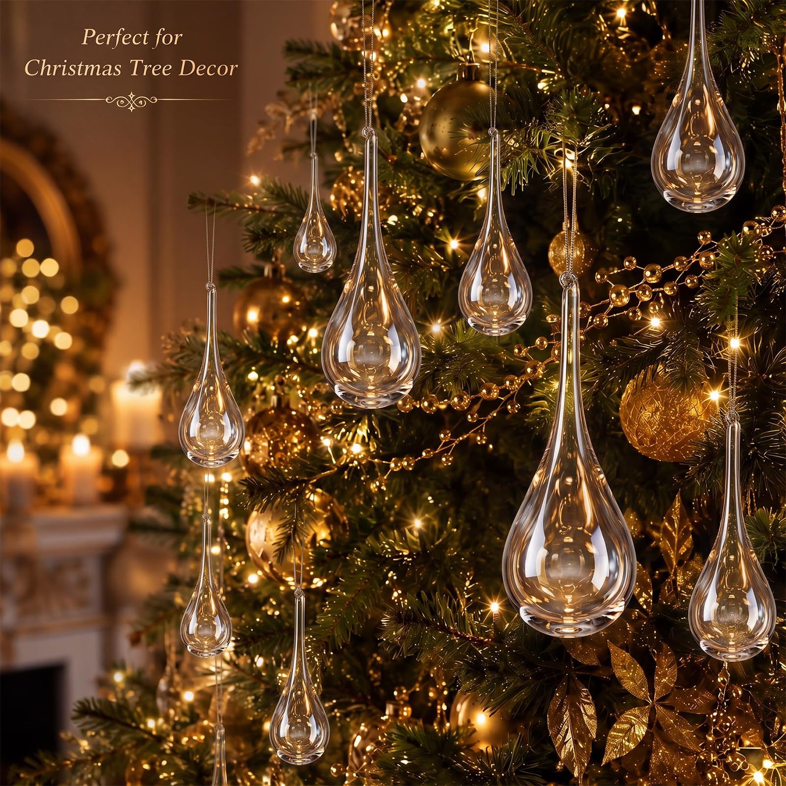 Seenelling Lot de 12 décorations en verre transparent en forme de goutte d'eau pour sapin de Noël, 3 tailles de chandelier en cristal de rechange, décoration d'intérieur à suspendre avec ficelle pour