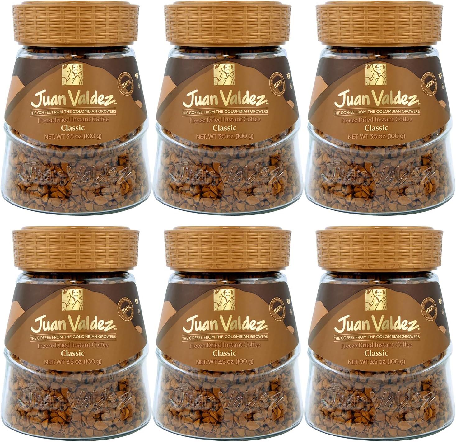 Juan Valdez Freeze-Dried Instant Coffee - Classic Flavor | 100% Colombian Arabica Beans | 3.5 oz / 100 g Jar | Pack of 6 | Smooth & Rich Taste 100% Colombian Coffee | Easy to Prepare | 6 Pack