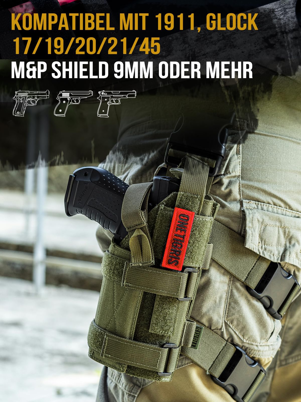 OneTigris Pistolenholster für Rechtshänder – Verstellbares 1000D Nylon MOLLE Bein- & Gürtelholster – Kompatibel mit gängigen Full-Size & Compact Pistolen – Für Airsoft, Paintball & Taktisches Training