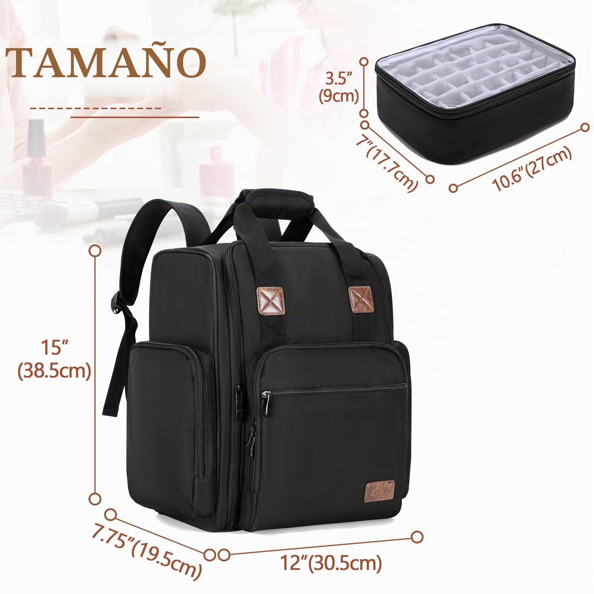 BAFASO Mochila Organizadora de Esmaltes de Uñas Sostiene 105 Botellas,Negro | Bolsa para Esmalte de Uñas con 3 Bolsas Extraíbles, Sostiene Lámpara de Uñas, (Solo Bolsa)
