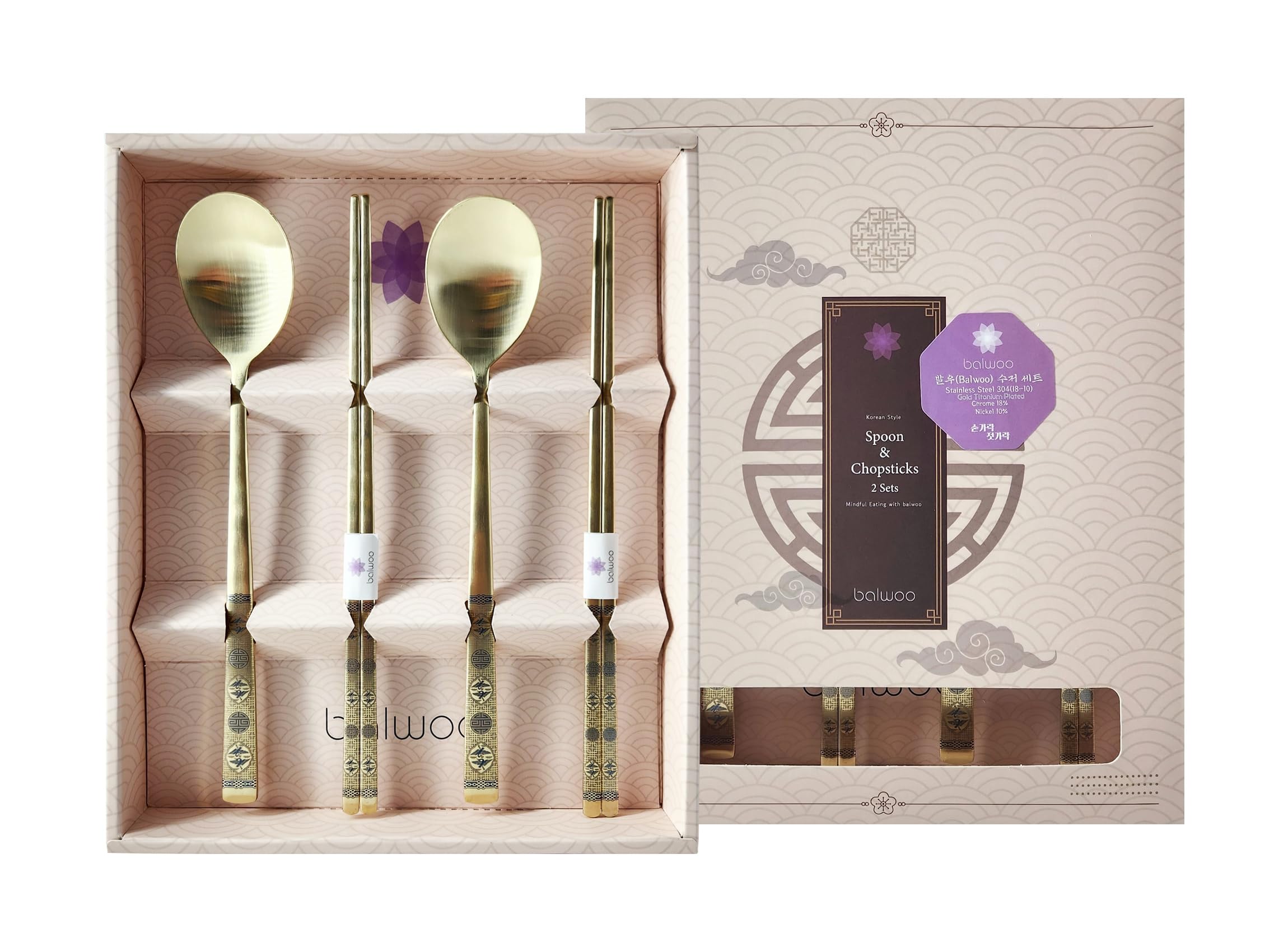 Balwoo Flying Crane Pattern Design Korean Style Sticky Rice Spoon Chopsticks Set 304 Stainless Titanium Plating Steel Soup Spoon Ramen Chopsticks