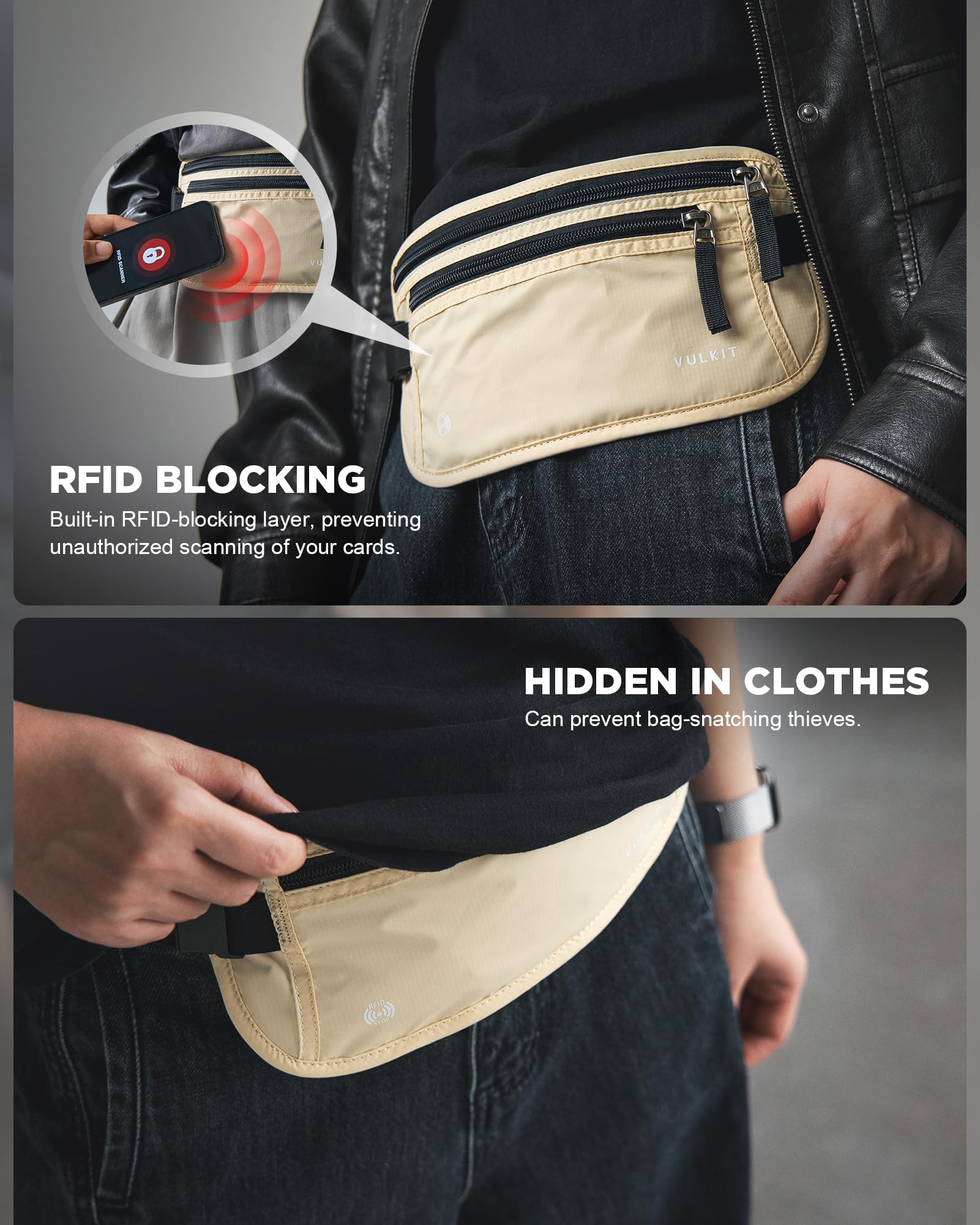 VULKIT Riñonera Viaje para Hombre y Mujer RFID Funda Pasaporte Portadocumentos Viaje Antirrobo Discreta para Teléfono Móvil, Pasaportes, Efectivo - Blanco Crema