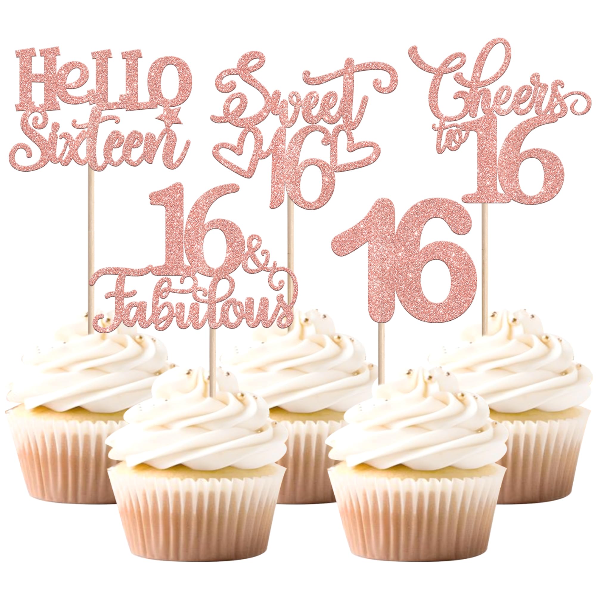 SYKYCTCY 30 Pack Sweet 16th Birthday Cupcake Toppers Glitter Sweet Teenager 16 Sixteen Cupcake Picks Cheers to 16 Years Old Cupcake Decorations Anniversary Party Supplies