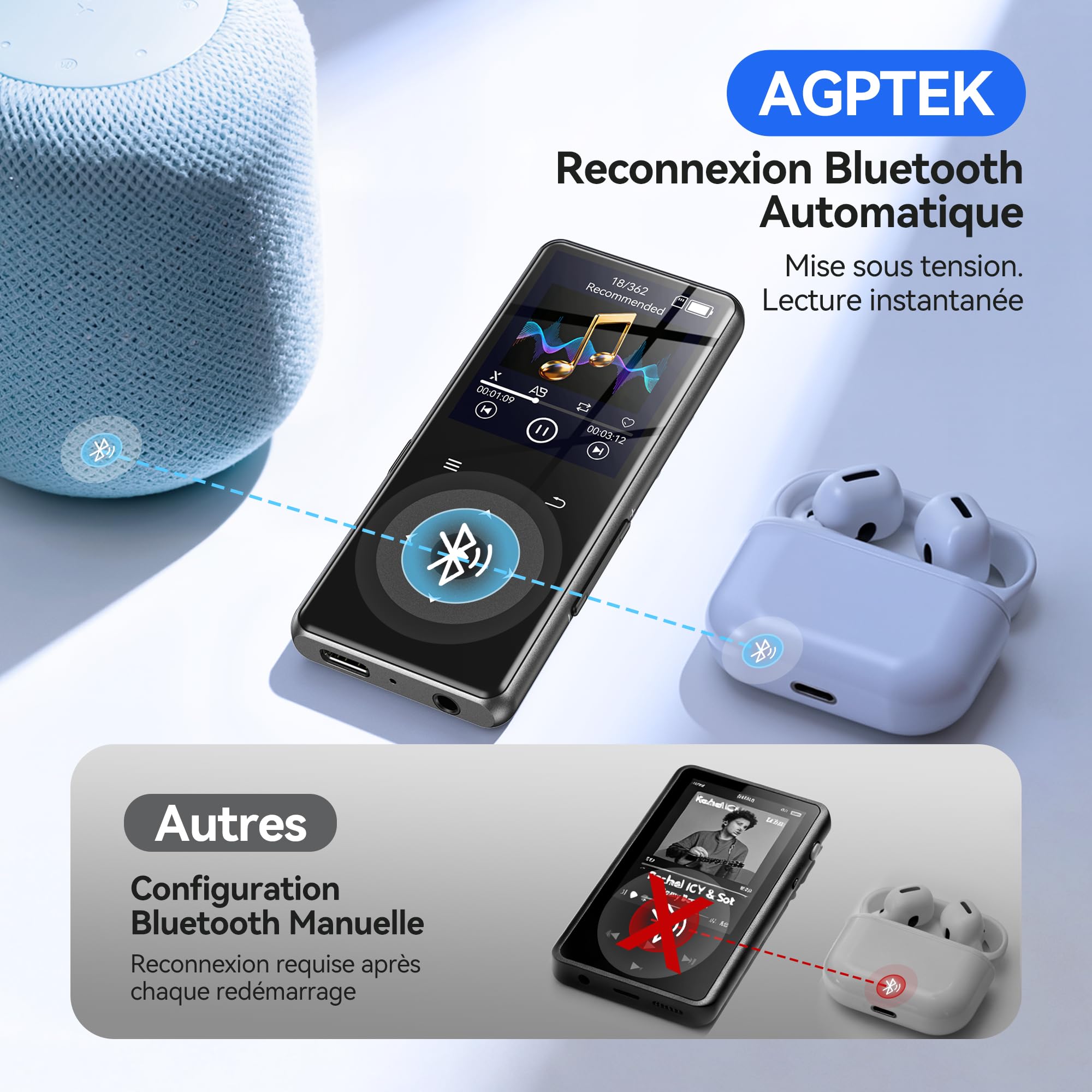AGPTEK MP3 Bluetooth 5.4,1,8'' Lecteur Musical HiFi avec Haut-Parleur(0 Go) | Avec radio FM,Sans Mémoire Interne,Bouton Tactile Rétroéclairé en Métal, Baladeur Portable Support Carte 128Go Max