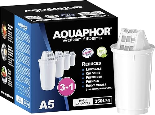 AQUAPHOR Cartucho de filtro A5 Pack 3+1 Filtros de cal, cloro, metales pesados 350L de agua clara Tecnología AQUALEN para un mejor sabor de