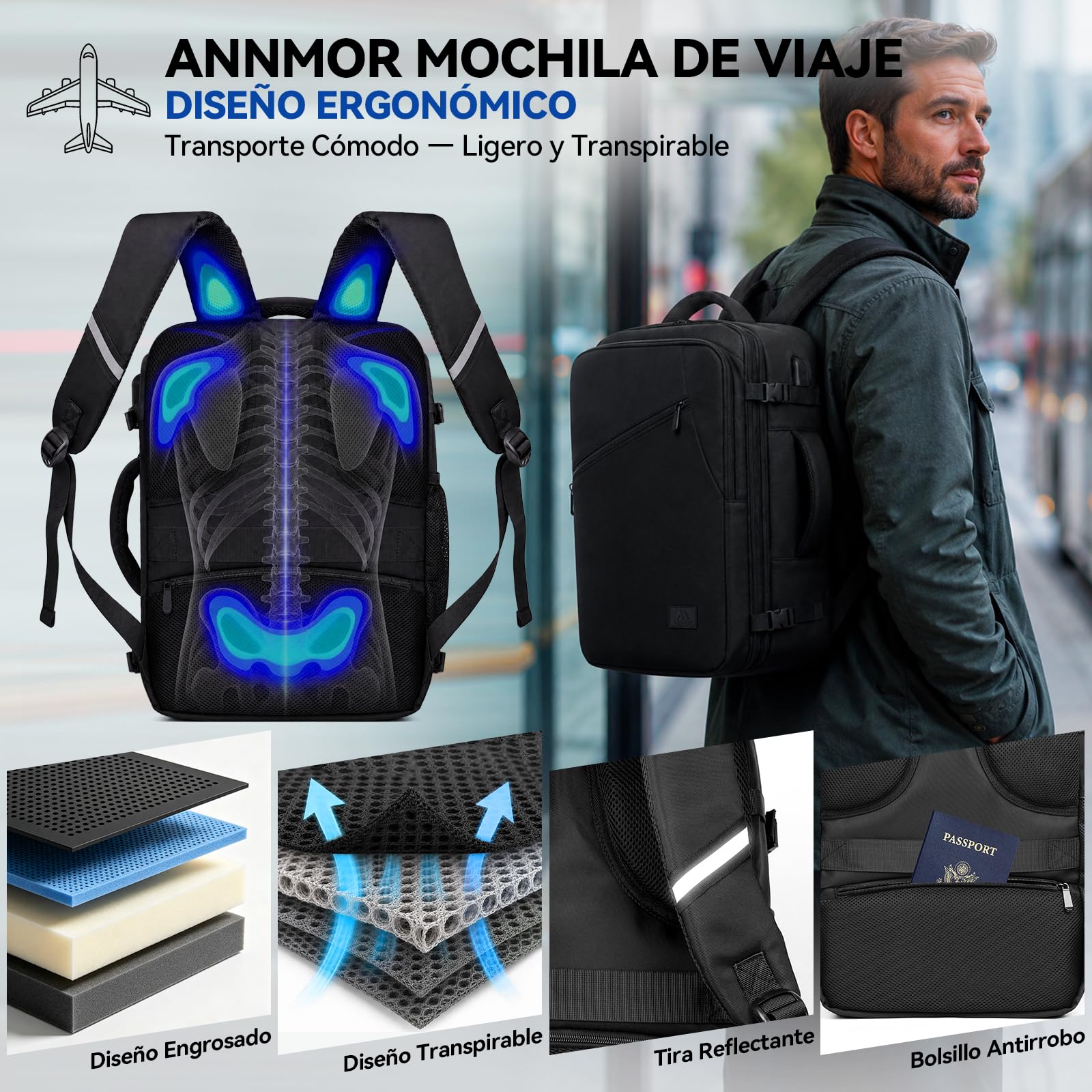 Mochila Viaje Cabina Avion 40x30x20, Extensible Mochila Viaje hasta 30L Cumplir con Ryanair, Vueling, Compartimento para Portátil 15.6" y Puerto USB - Ideal para Viajes Cortos y Fines de Semana