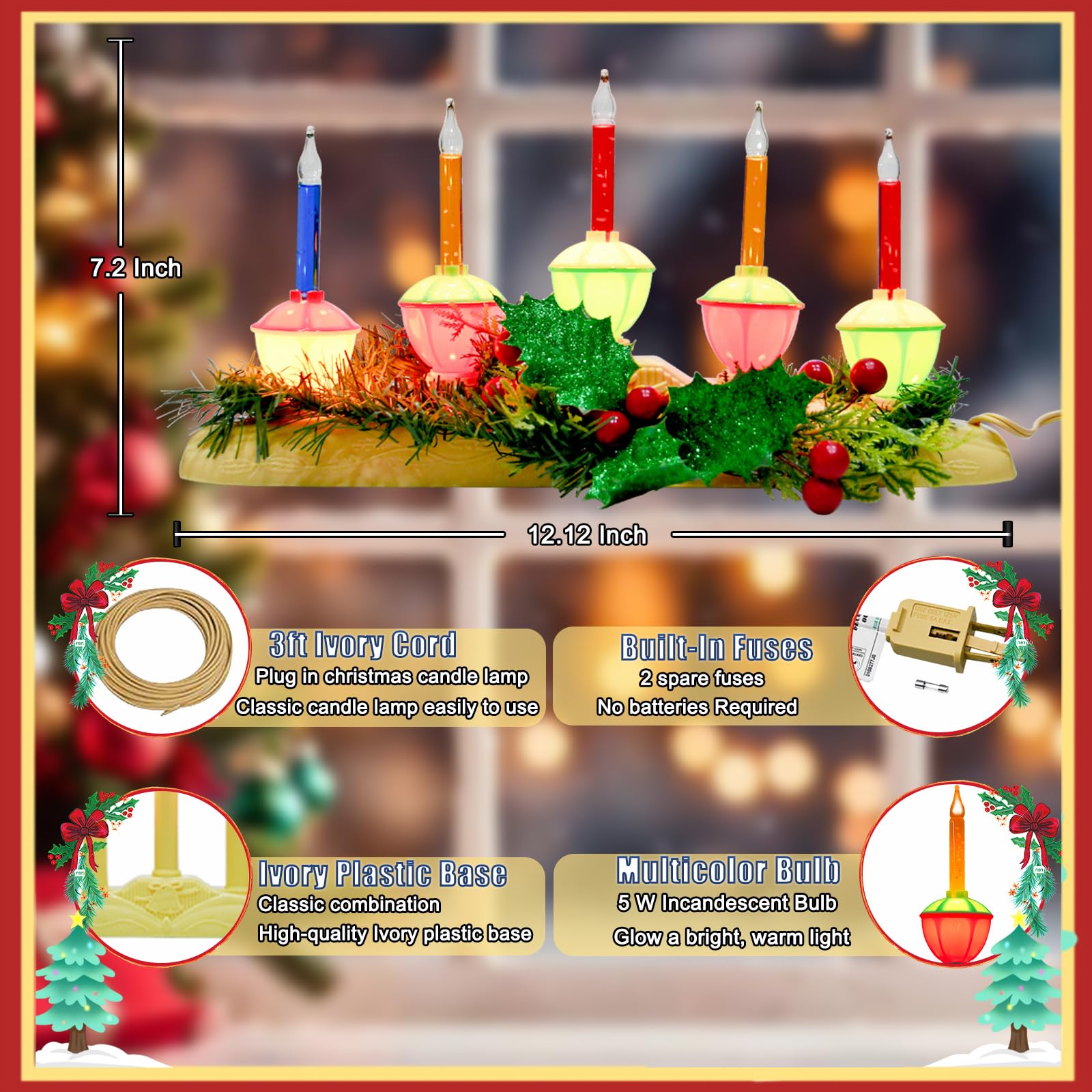 Electric Window Candle Lamp - 5 Light Christmas Candles with Multicolor Bubble Lights and Ivory Base, Plug-in Electric Candles for Indoor Holiday Party Home Decor