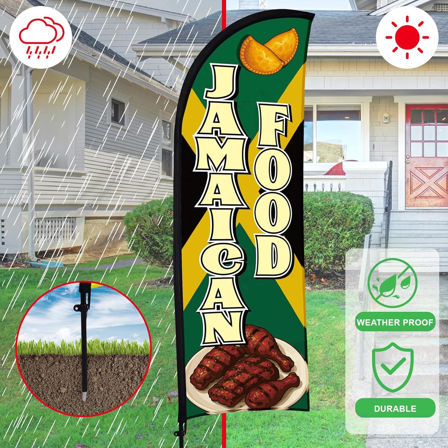Buryeah 2 Sets Jamaican Food Feather Flag Kit, 7 ft Jamaican Food Swooper Flag Banner Signs with Pole Ground Stake and Portable Bag for Snack Bar Store Business Advertising Outside