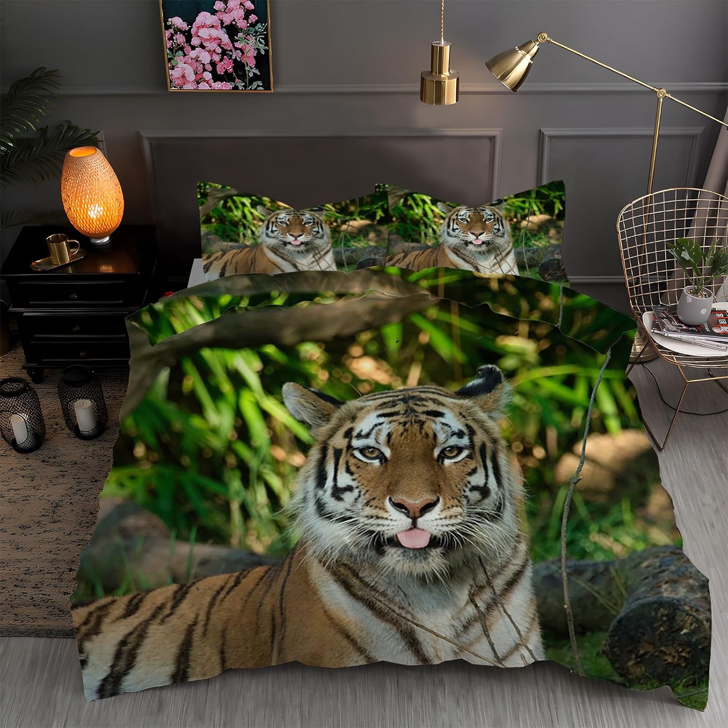 布団カバー キング 虎｜マイクロファイバー 掛け布団カバー 230x210 +枕カバー 2枚 3点セット｜吸汗速乾・防静電気・洗濯耐