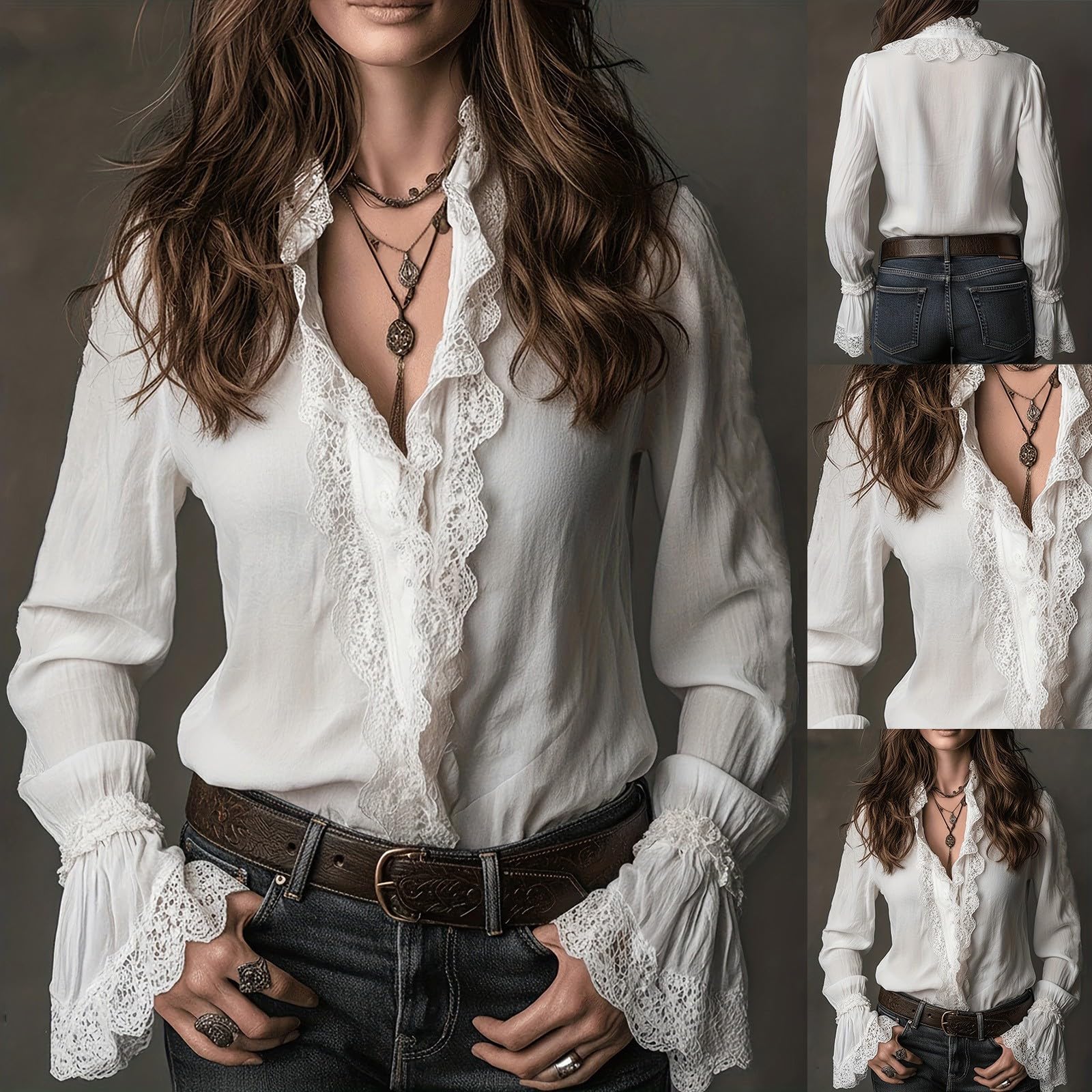 T-shirt blanc élégant en dentelle pour femme - T-shirt en coton à manches longues élégante avec col en V et dentelle - Modèle avec inserts