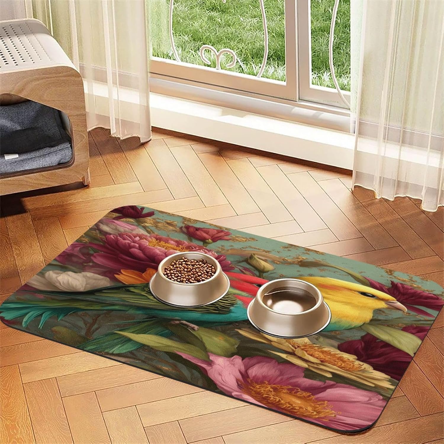 Colorful Parrot Birds Flowers (1) Pet Food Mat Dog Non-Slip Feeding Mat Cat Bowl Mats Pets Placemat for Food and Water 40x60cm