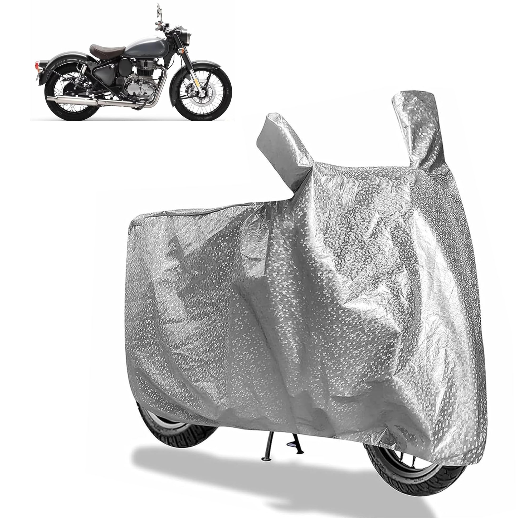 sulfar bike cover for royal enfield classic 350 (redditch/dark/chrome) | waterproof, dustproof & uv protected | all weather two wheeler cover (silver) new 2026 variants