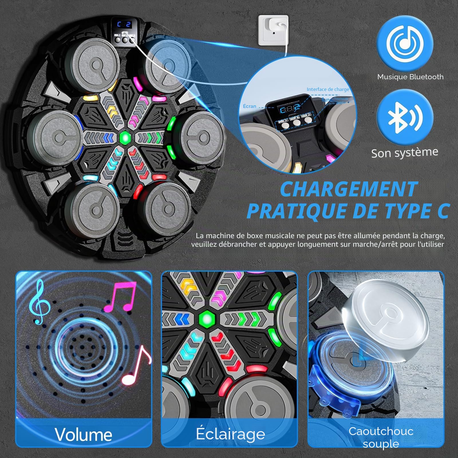 ROCKY&CHAO Music Boxing Machine de Boxe - Machine de Boxe Murale LED avec Musique et Bluetooth - Vitesse à Plusieurs Niveaux - Entraînement de réaction et d'entraînement de Boxe pour la Maison - avec