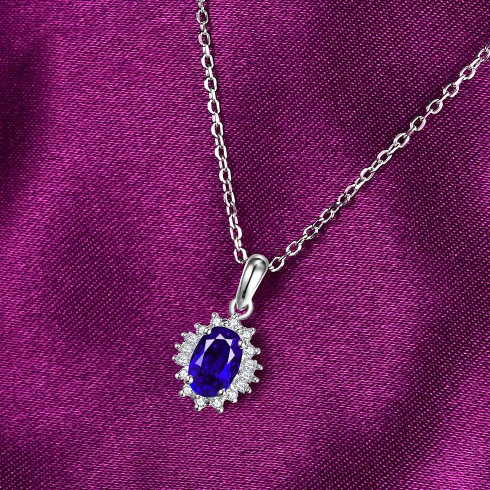 Platyna 950 naszyjnik damski, łańcuszek z wisiorkiem w kształcie kwiatu z owalnym szafirem 0,6 ct i diamentem 0,12 ct, naszyjnik ślubny 45 cm, dla kobiet Charms