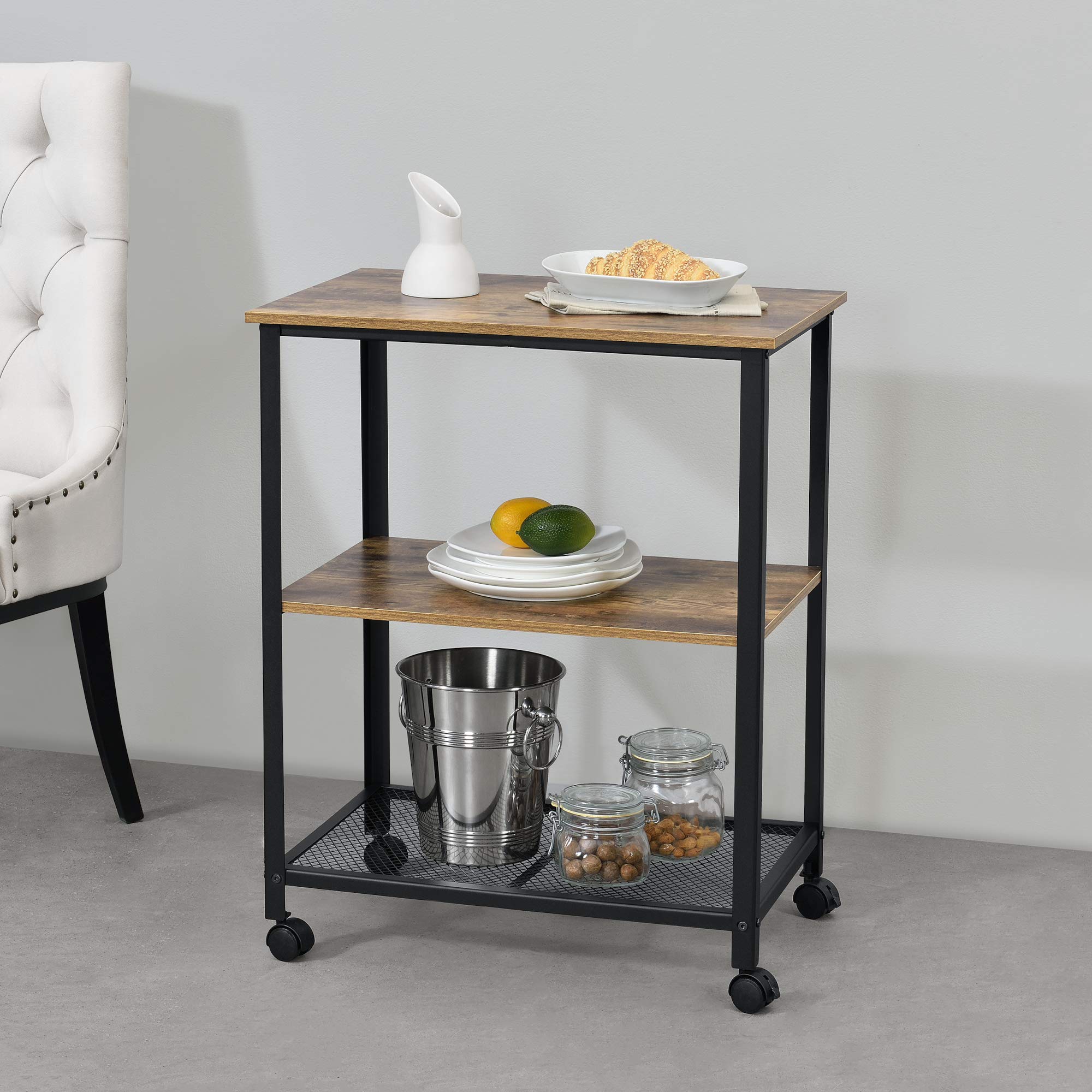 [en.casa] Chariot de Service Chariot de Cuisine Roulant Desserte roulettes Vérouillables Panneau de Particules Métal Plastique 76,5 x 60 x 40 cm Bois Foncé Noir