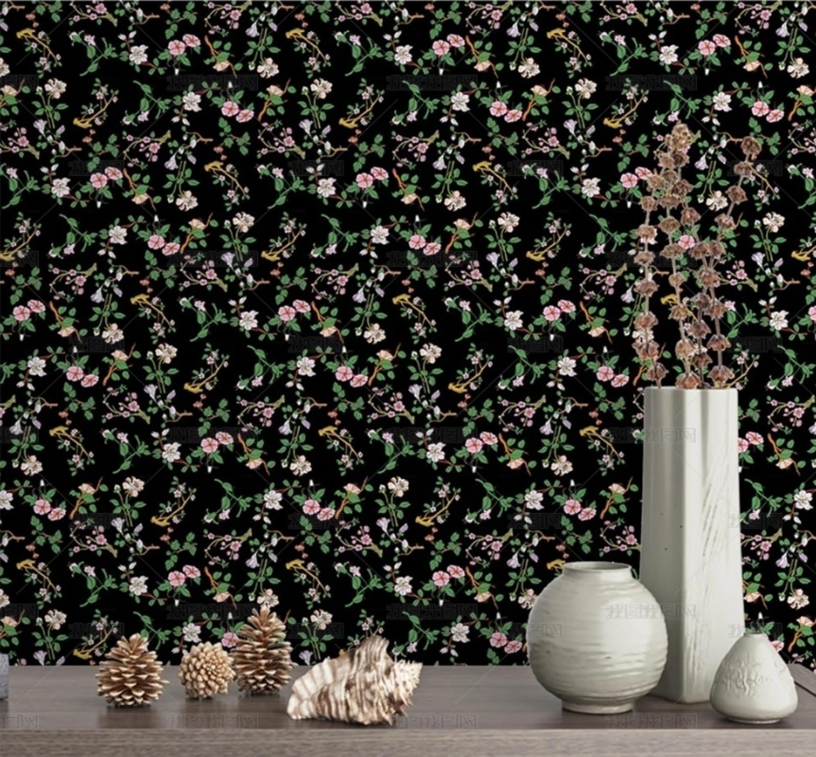 Papier peint noir floral adhésif meuble pour salon et chambre
