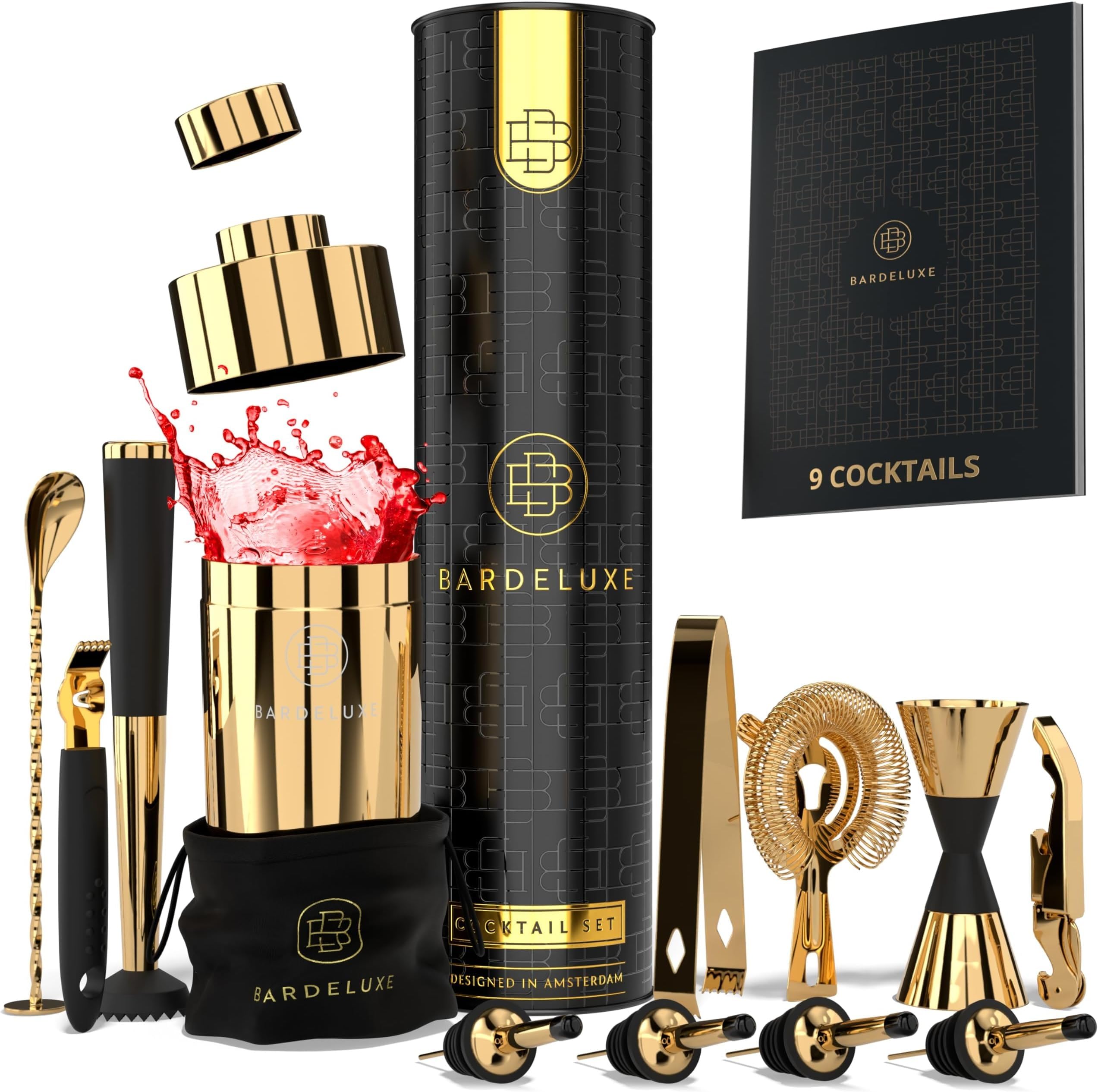 BarDeluxe® Kit de Cocteleria de 12 Piezas, Set de Cocteleria | Set Cocteleria Profesional, Juego de Coctelera, Cocktail Kit | Coctelera 750 ml, Coctelería Kit | Elegante Caja de Regalo, Bolsa (Oro)