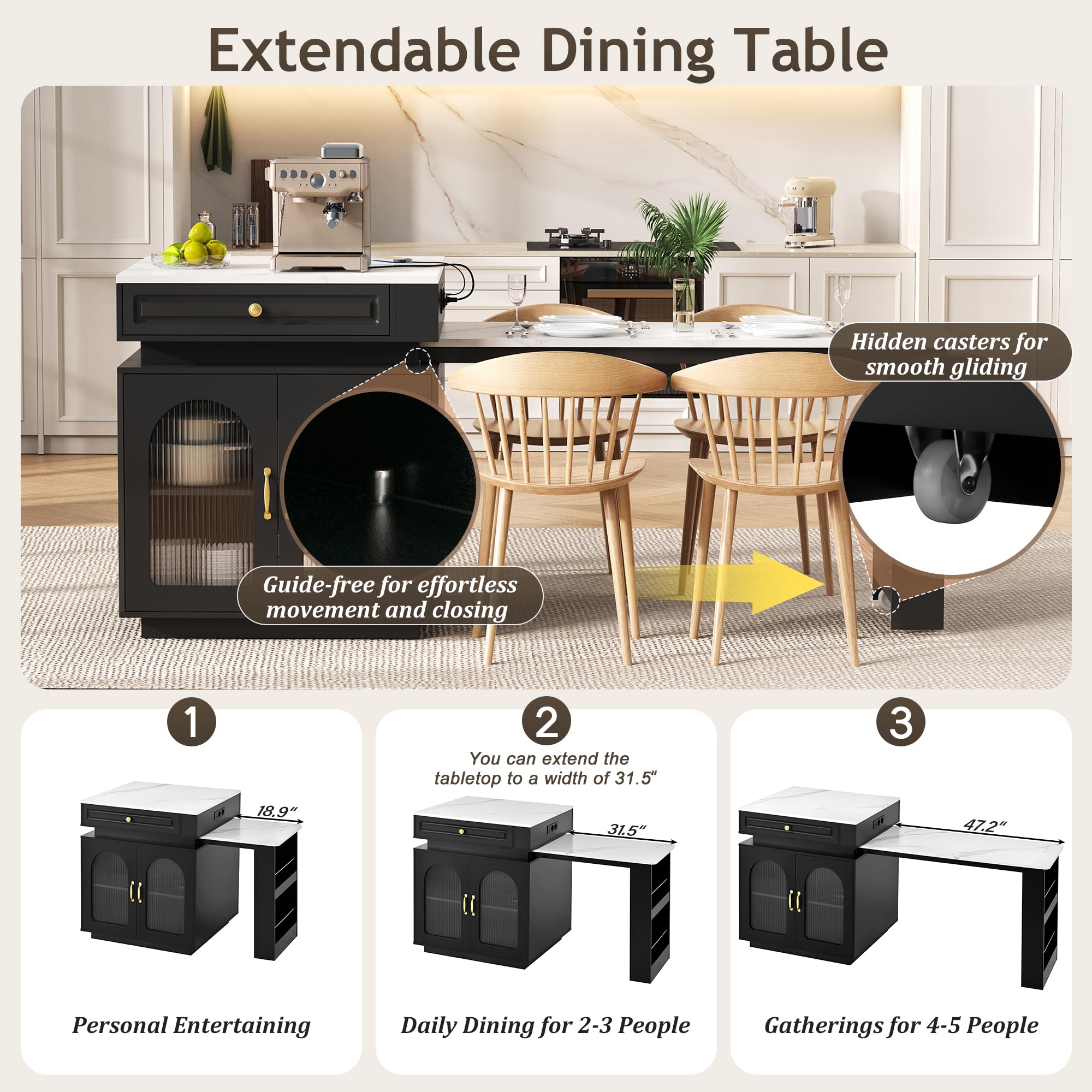 Isola da cucina con ruote, tavolo da pranzo allungabile, tavolo da bar, credenza per cucina e sala da pranzo, nero