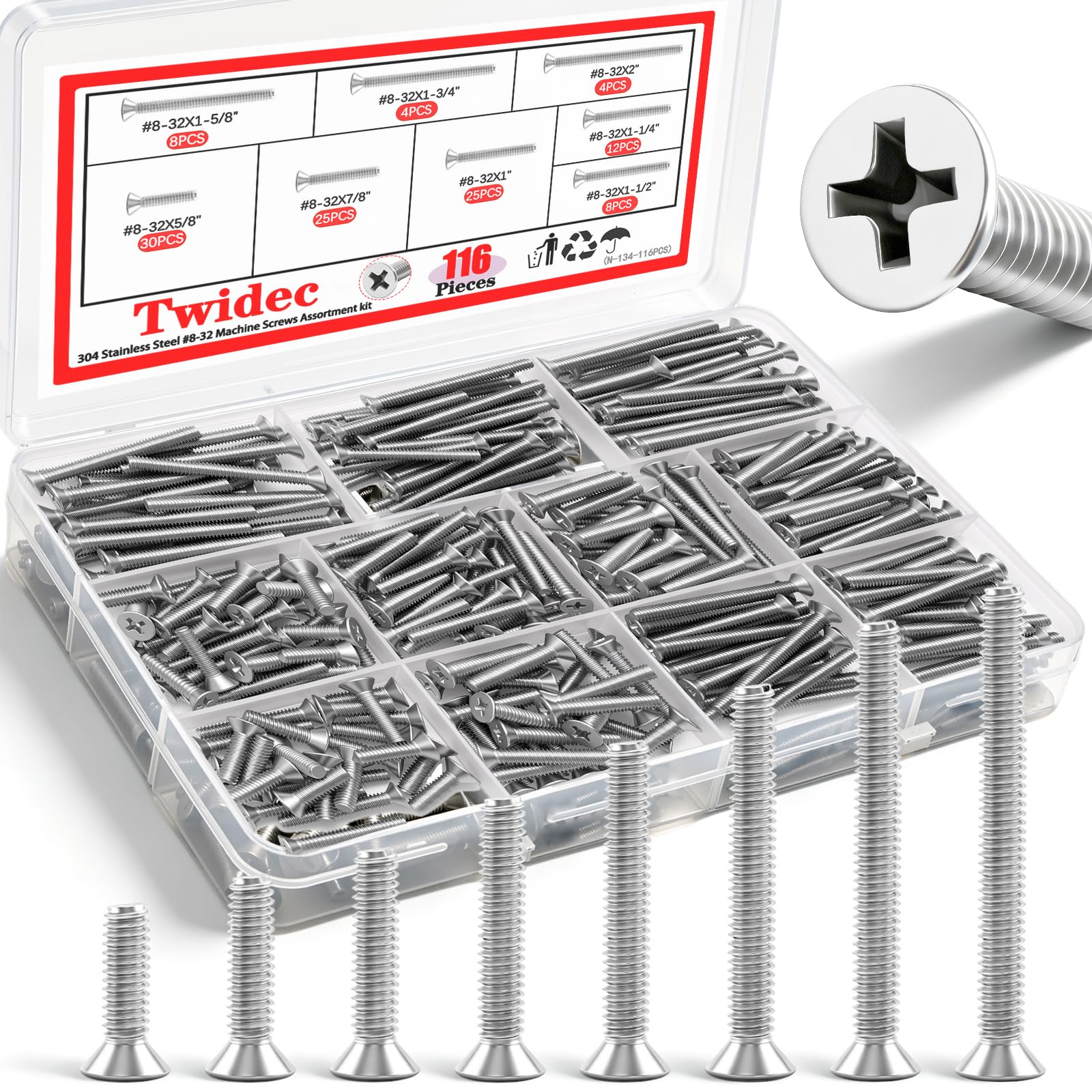 Twidec 102pc Machine Screws - Stainless Steel -15