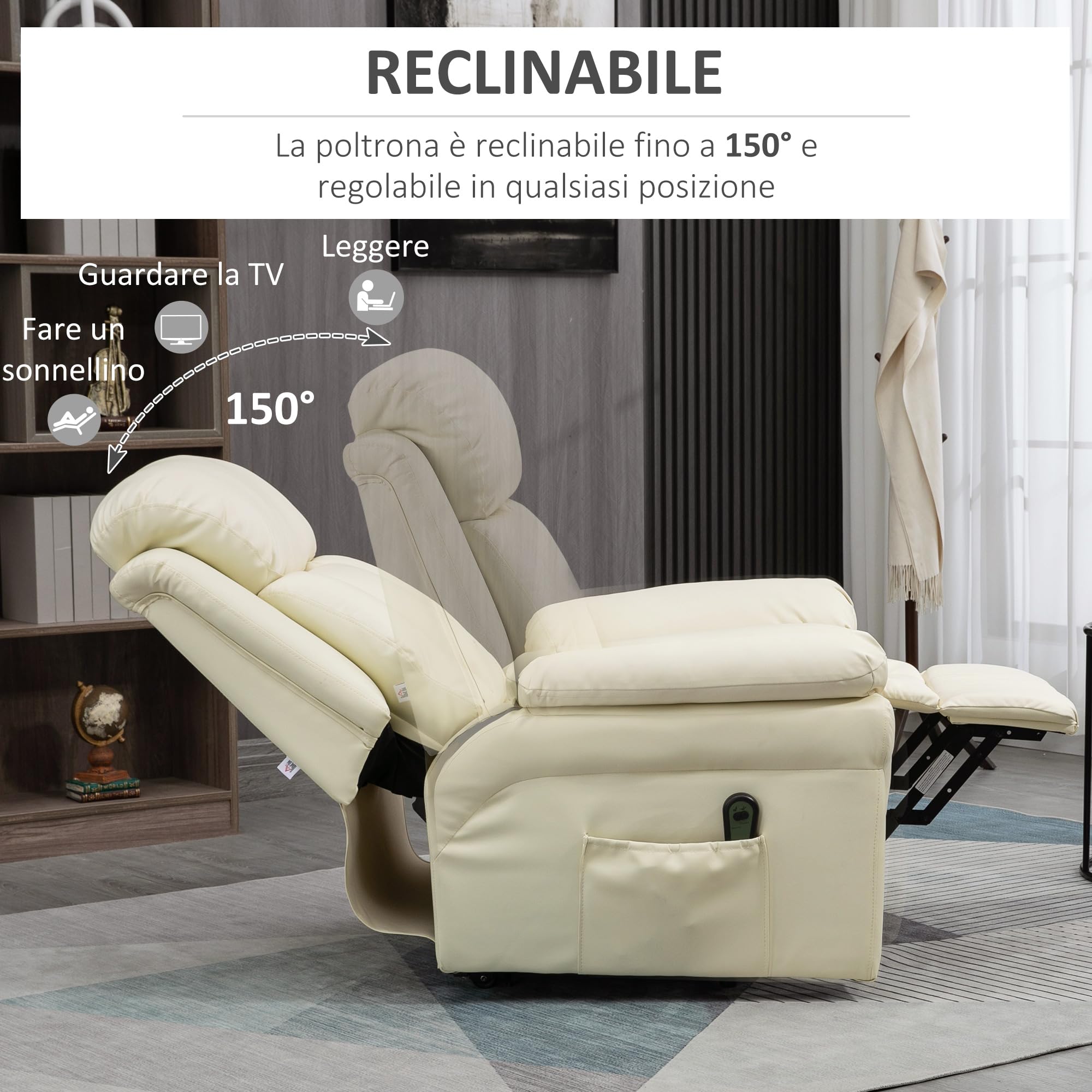 HOMCOM Poltrona Reclinabile Alzapersona Elettrica, Poltrona Relax con Imbottitura Spessa e Telecomando, 96x93x105 cm, Crema