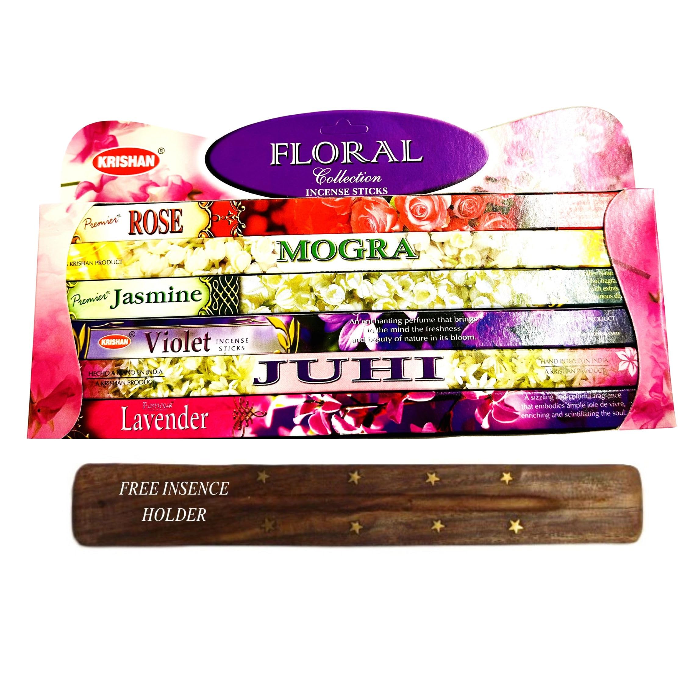Fenny's Creations Mixed Krishan Incense Floral Fragrance Sticks Gift Pack 6 Flavoured Aroma Collection, Positive Vibes Incense Sticks [Free Wooden Ash Catcher Assorted] (Floral Fragrance)