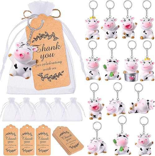 Yinkin Llaveros de vaca con bolsas de organza etiquetas de agradecimiento regalos de intercambio de Navidad para revelación de género recompensas de