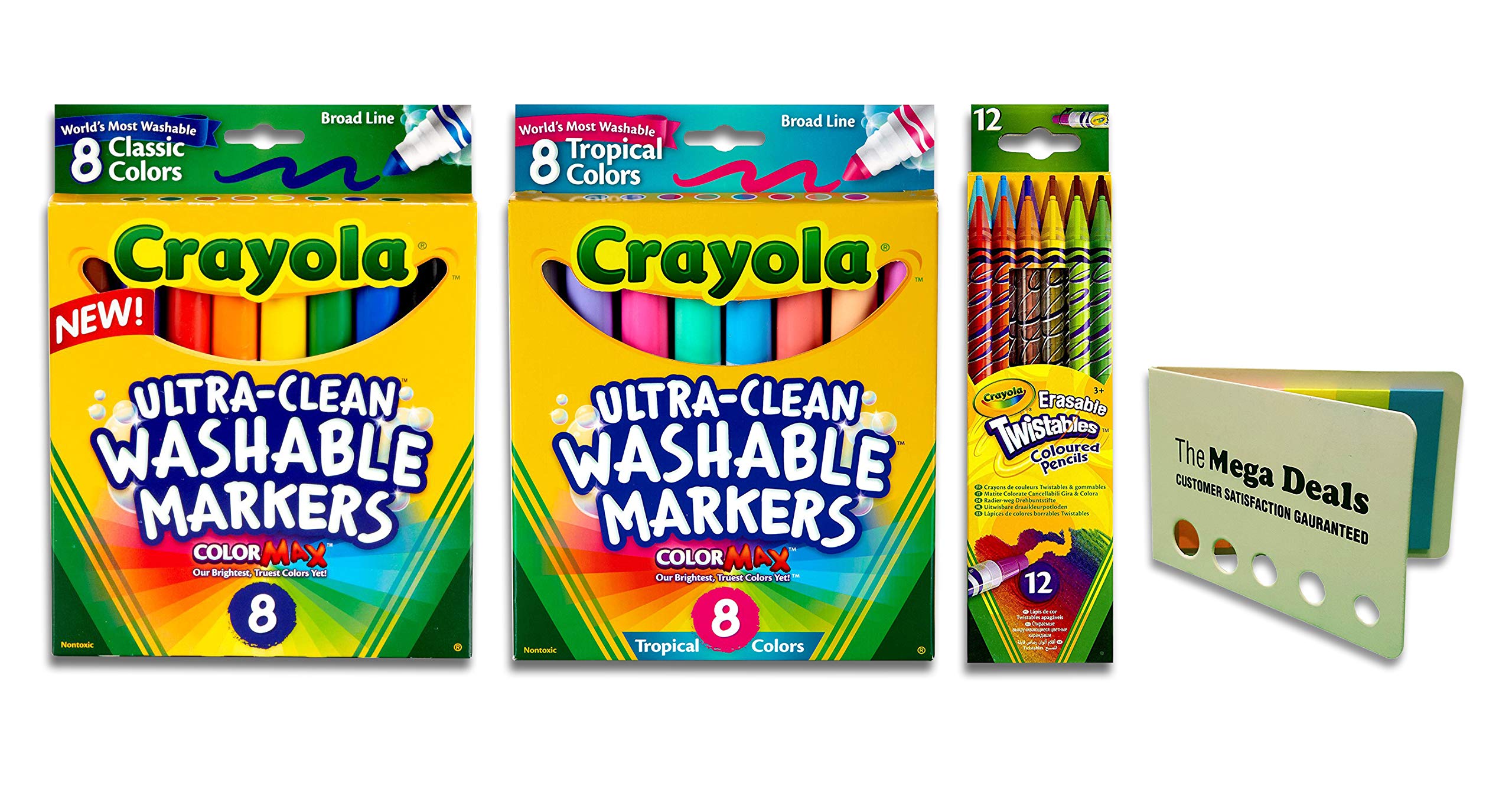 Crayola Broad Point Washable Markers (58-7808) Crayola 8ct Washable  Tropical Colors Conical Tip| Crayola Twistable Colored Pencils (68-7508)